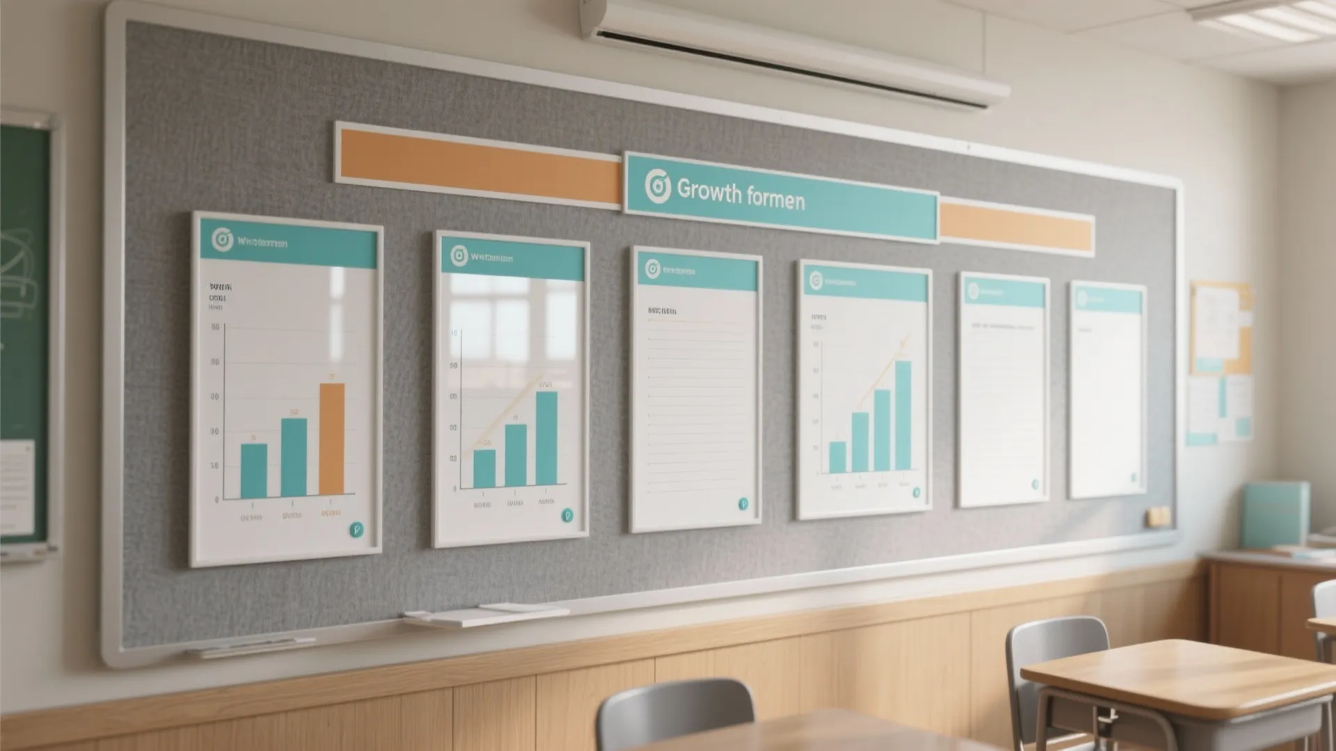 Calm data wall with growth charts, neutral frames, and reflection areas emphasizing goals and progress.