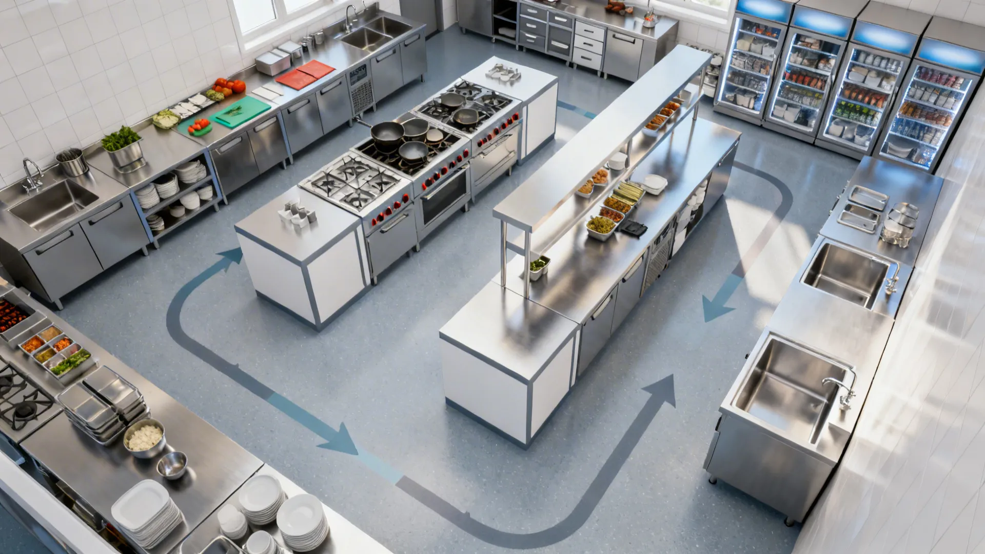 Top-down BOH workflow from prep to cook to pass to dishwashing with clear station flow.