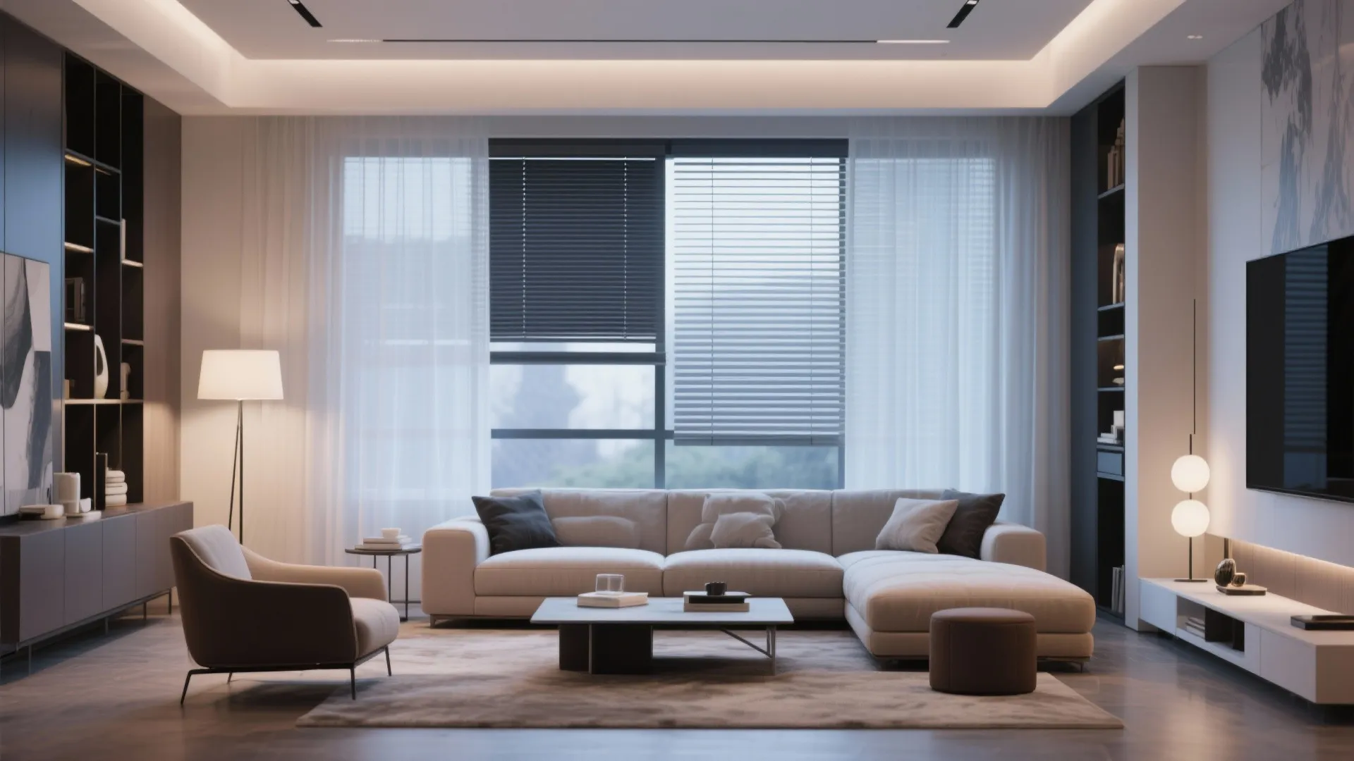 Layered day and night blinds offering light control in a modern living room