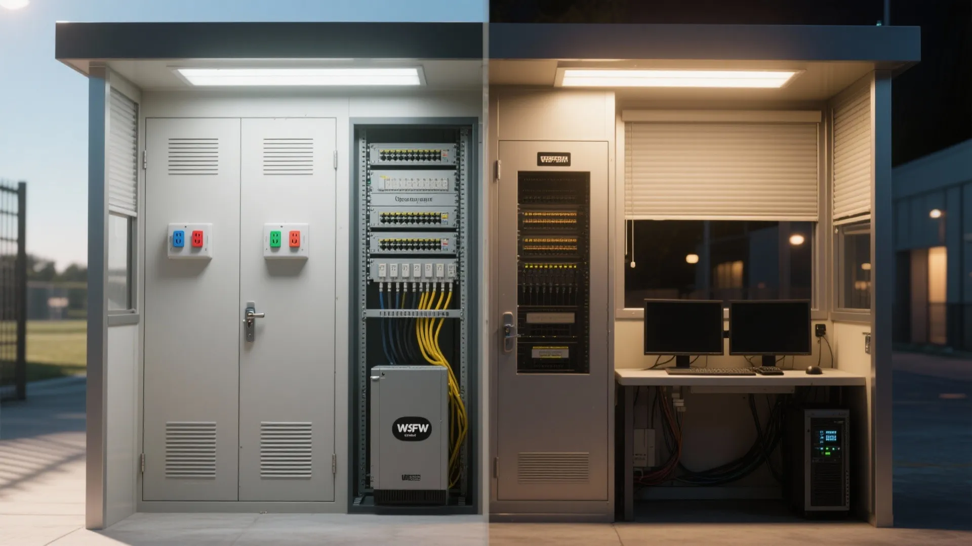 Split view of control room showing electrical panels in daytime and office desk at nighttime