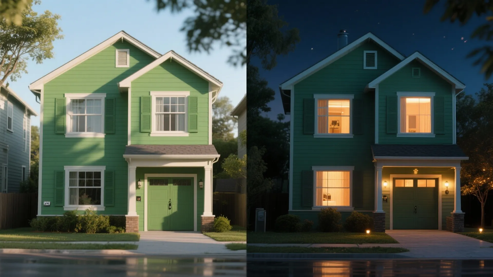 Before and after comparison of green house exterior showing daylight versus night with indoor lights