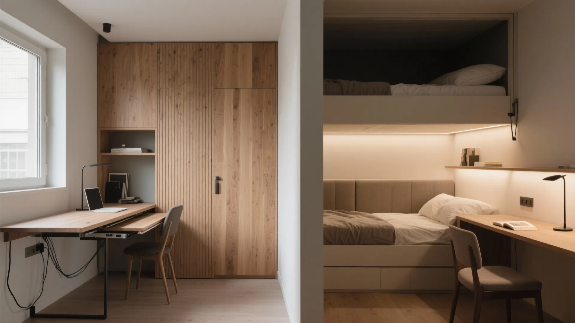 Comparison of daytime study area with wooden desk and nighttime bedroom with bunk beds lamps