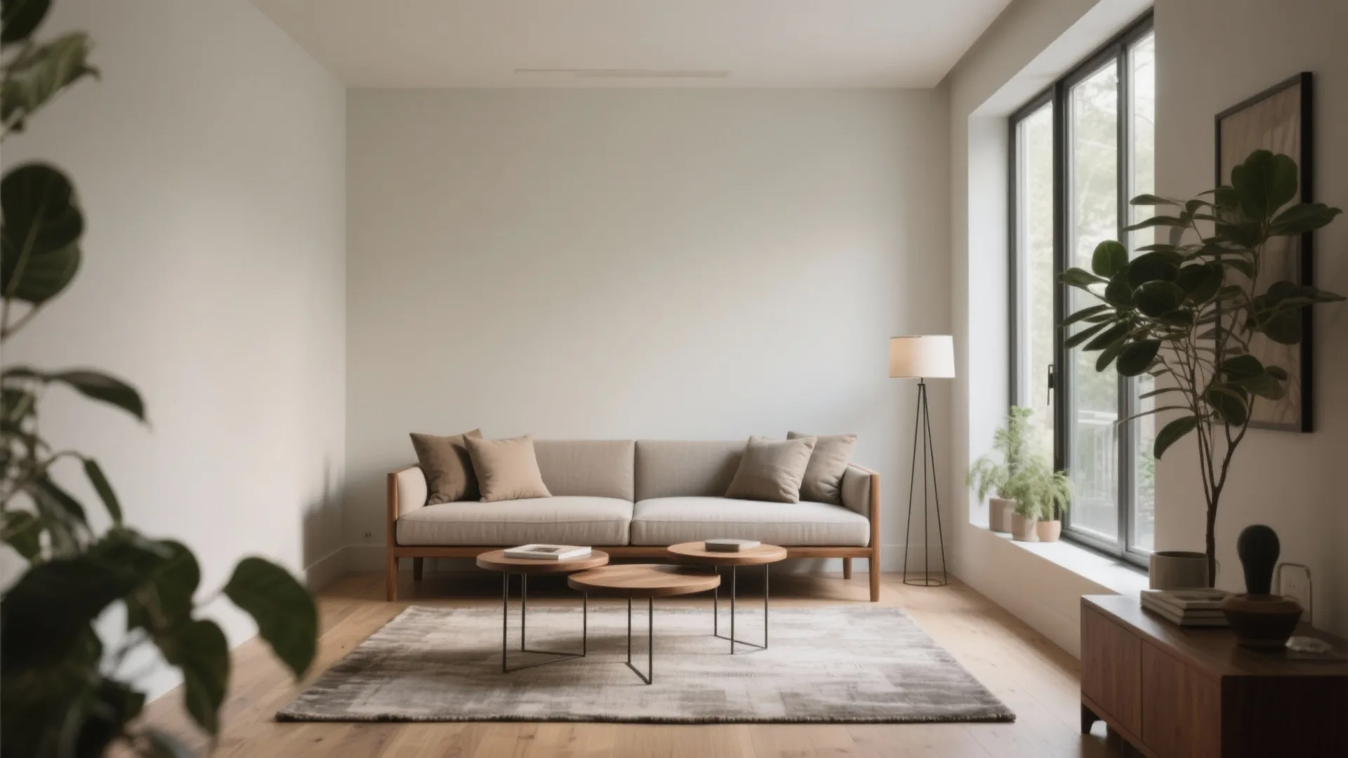 Minimalist living room with beige sofa three round wooden coffee tables rug and large window
