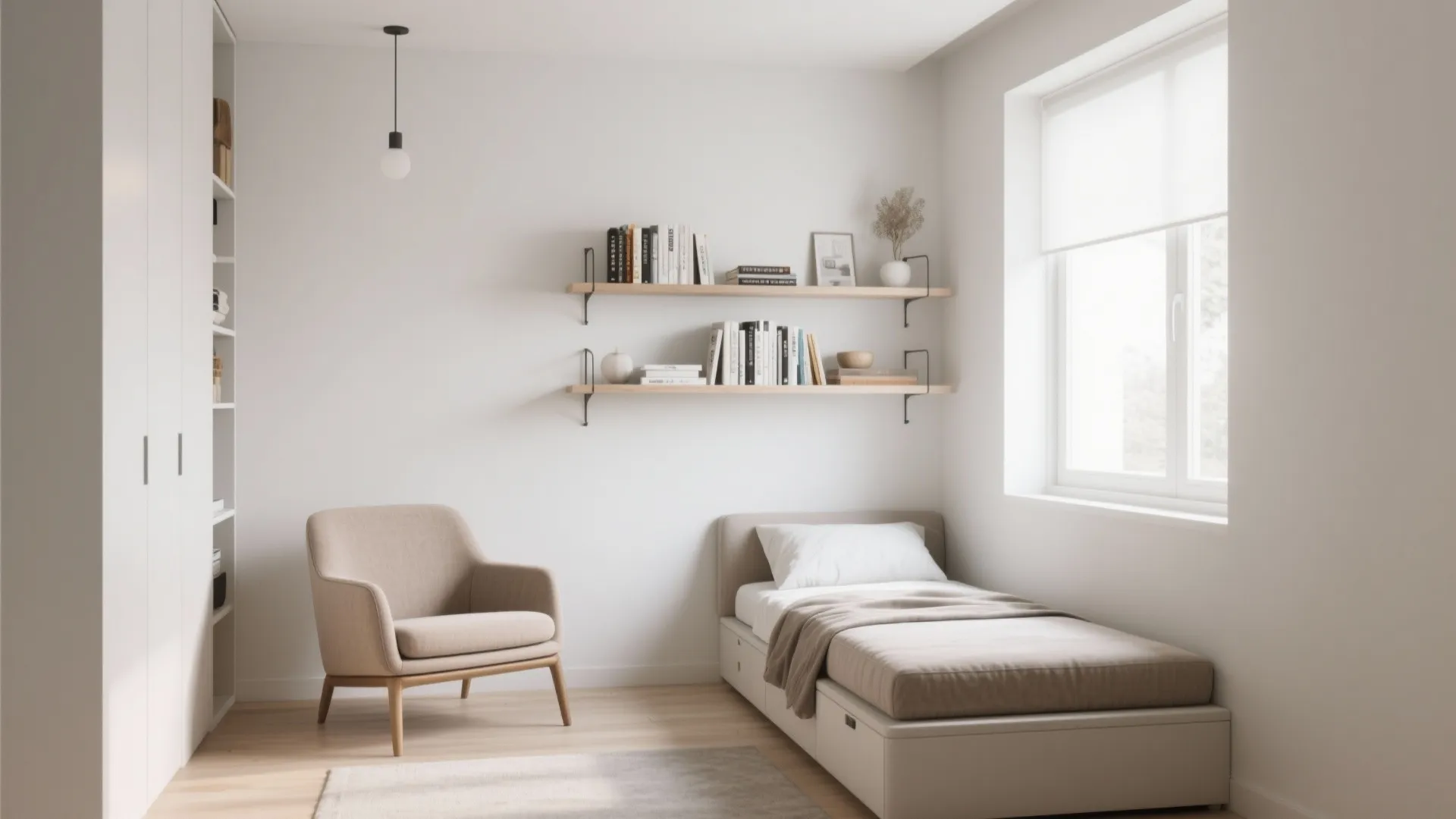 4. Slim Daybed, Armchair, Floating Shelves