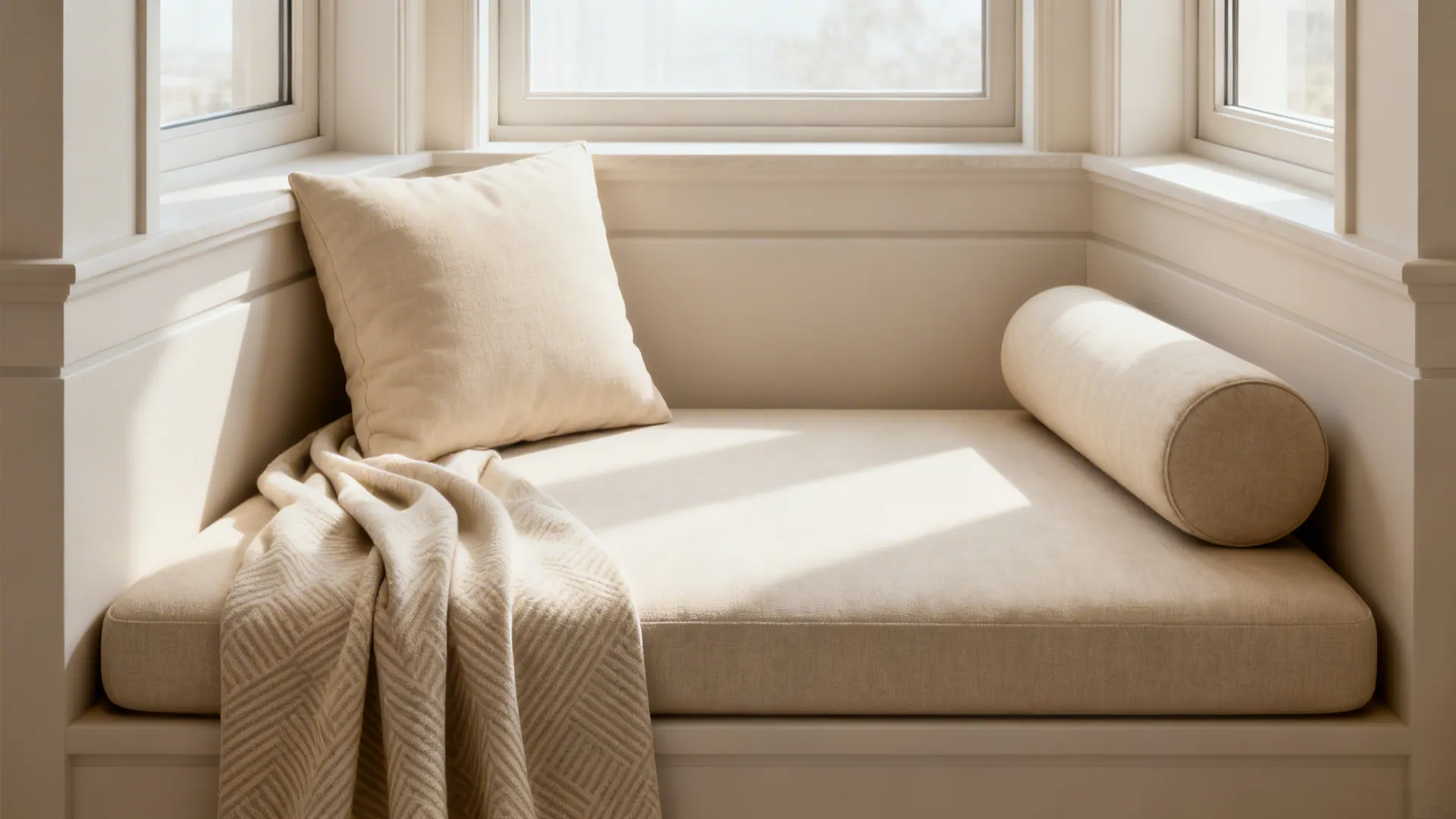 Cream bay window seat with square pillow bolster pillow patterned throw blanket and soft sunlight