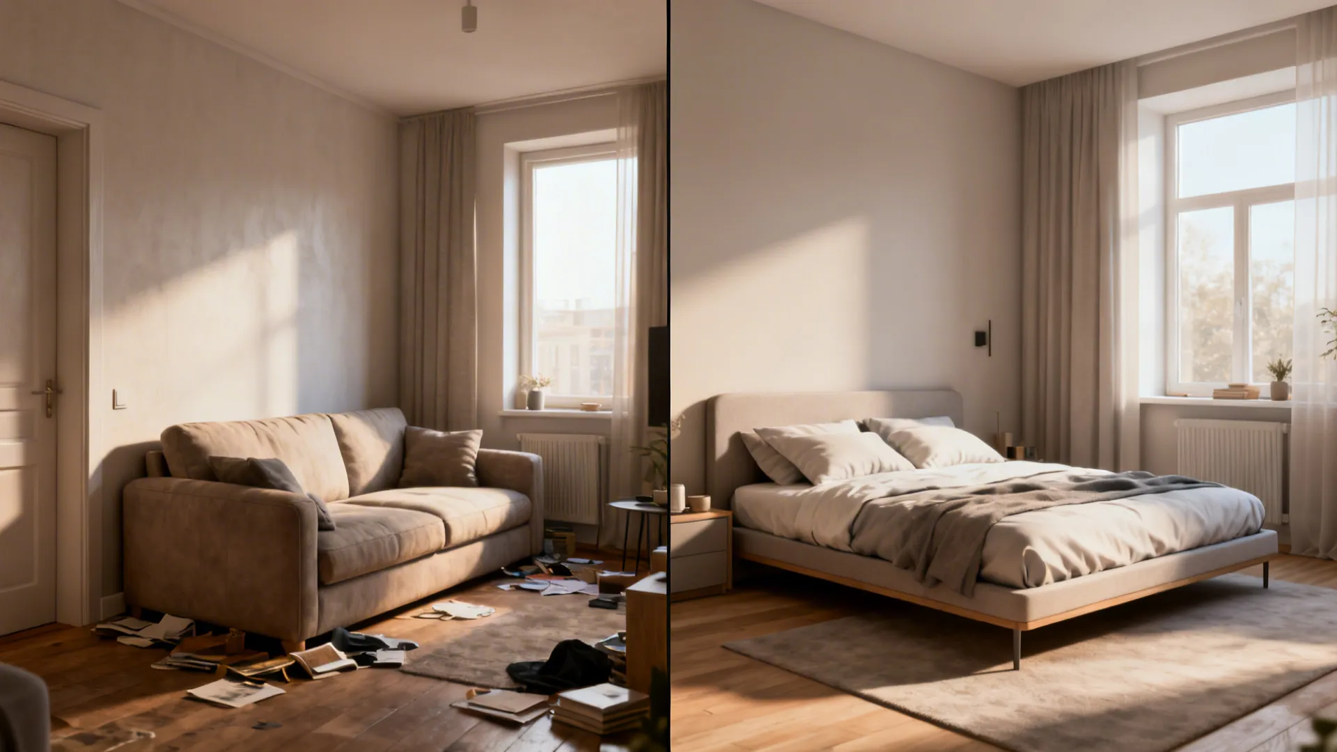 Before-and-after of a small living room replacing a bulky sofa with a convertible daybed for guests