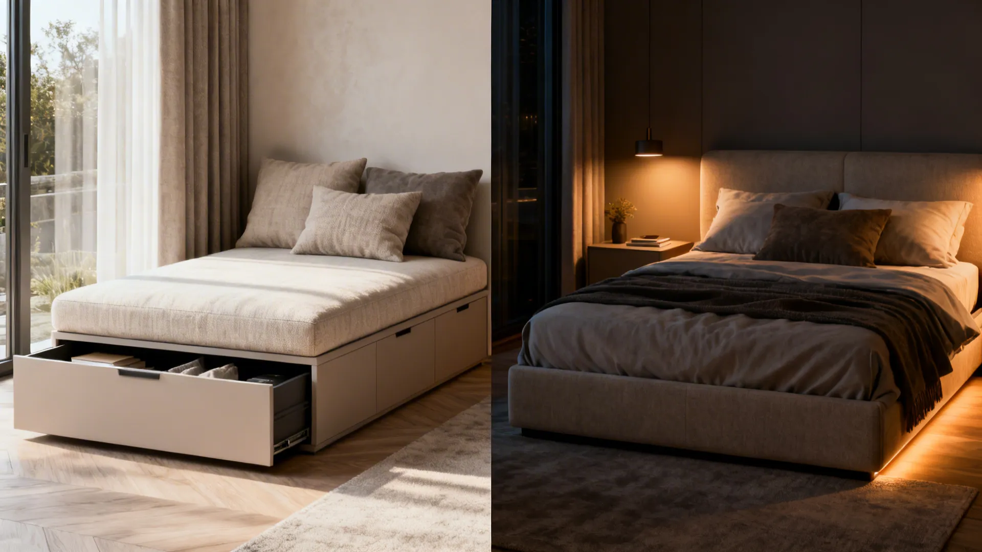 Before and after: daybed used as seating by day and converted to a bed at night