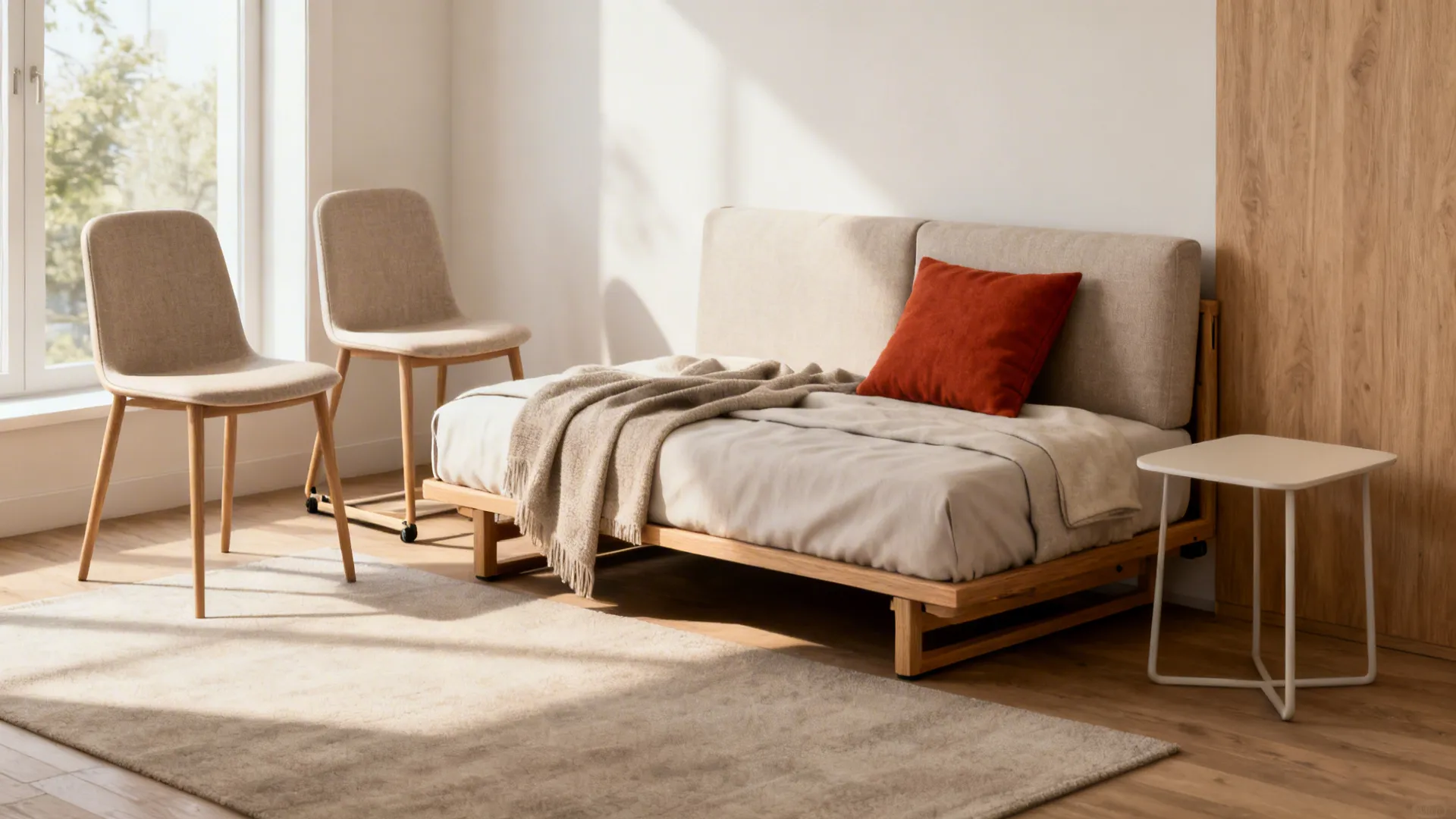 Daybed with two slim accent chairs creating a flexible small-room layout