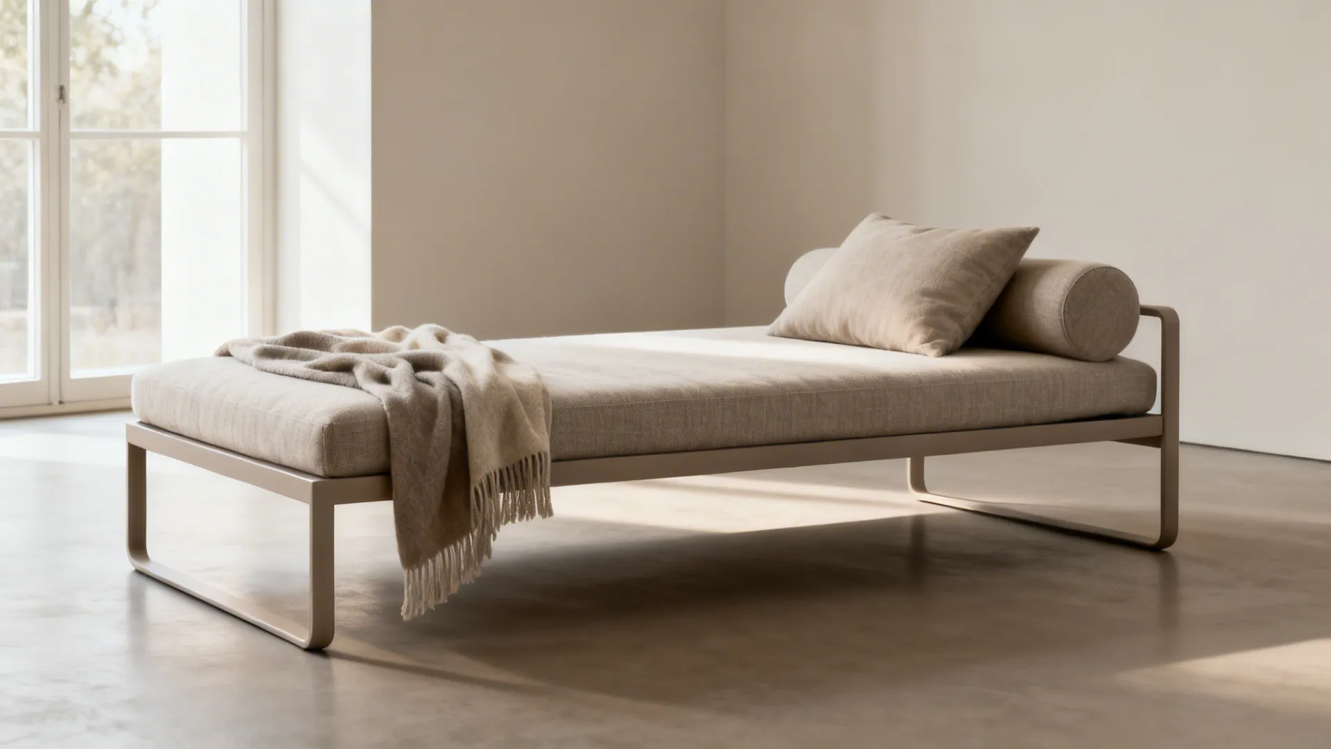 Sleek daybed used as a lounging spot and guest bed in a compact studio room.