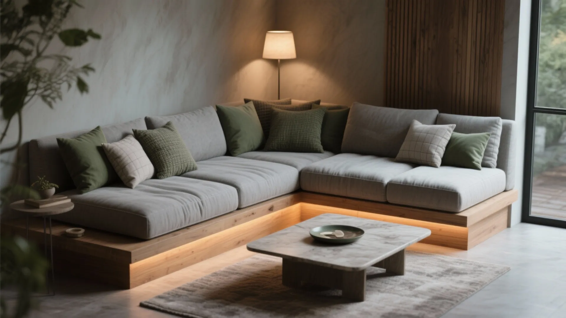 Modern L shaped sofa with grey cushions green pillows wooden base and a marble coffee table