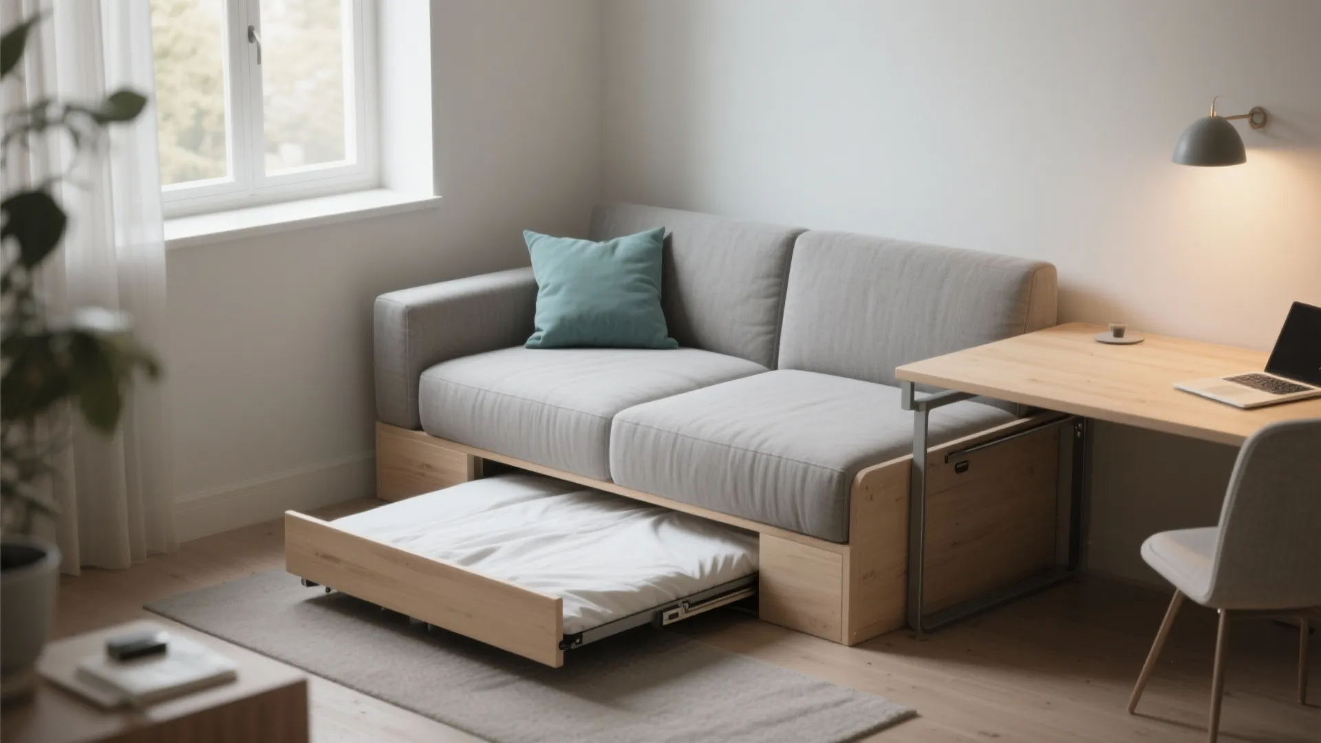 Corner daybed with attachable fold-down desk showing flexible seating and workspace in a small bedroom.