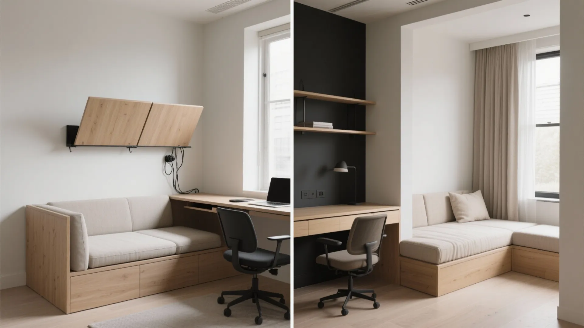 Daybed + drop-leaf desk: work by day, guest by night