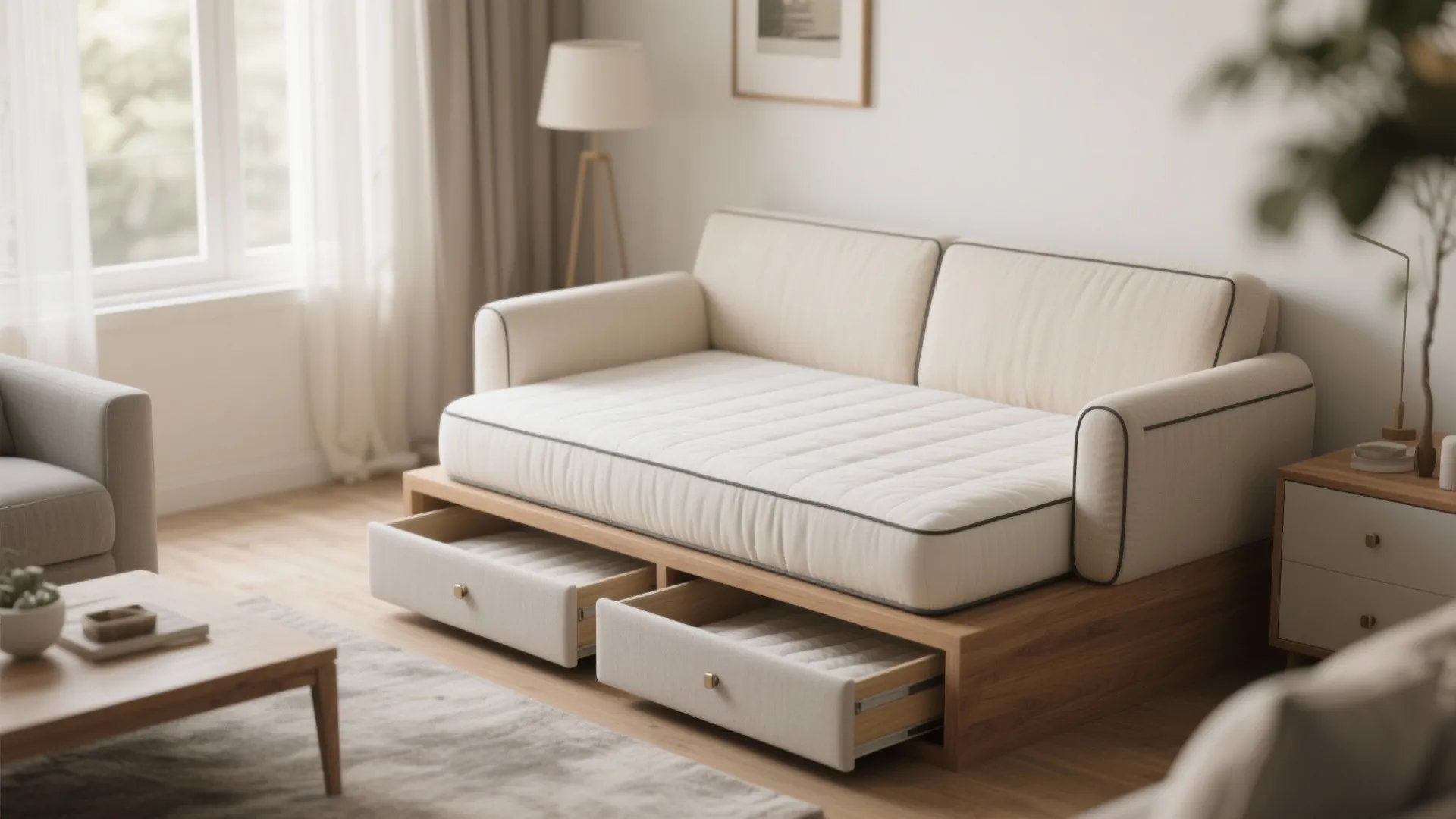 Cream colored sofa bed with open wooden storage drawers placed on a light wood floor surface