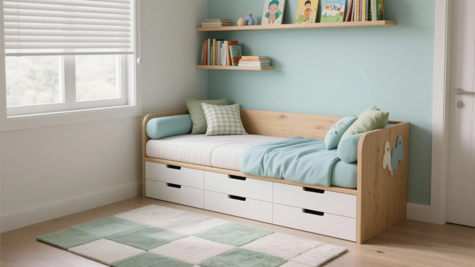 Light wood sofa bed featuring six white storage drawers underneath in a bright kids play room