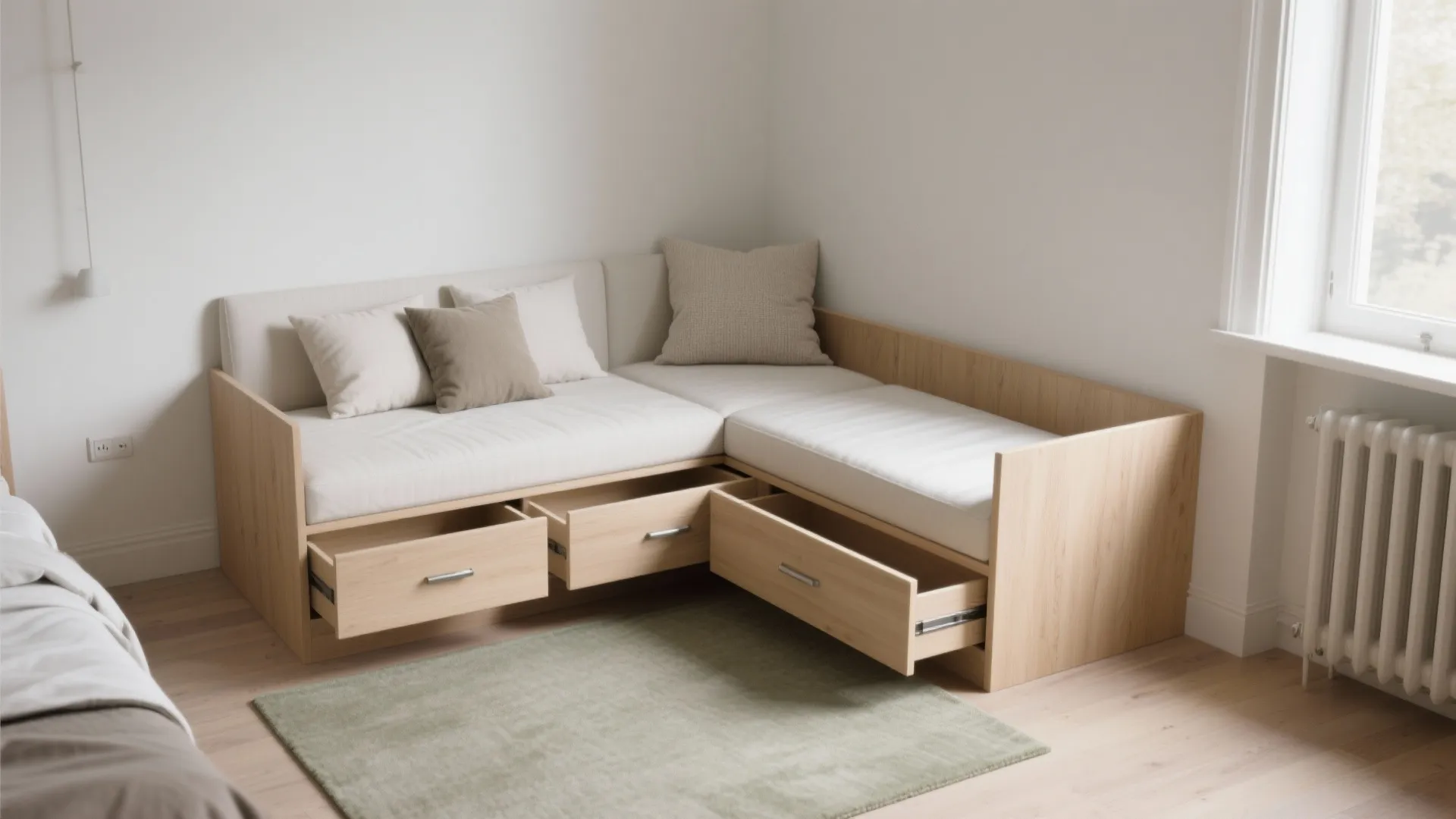 Built-in corner daybed with deep drawers and a clear walkway in a small bedroom.
