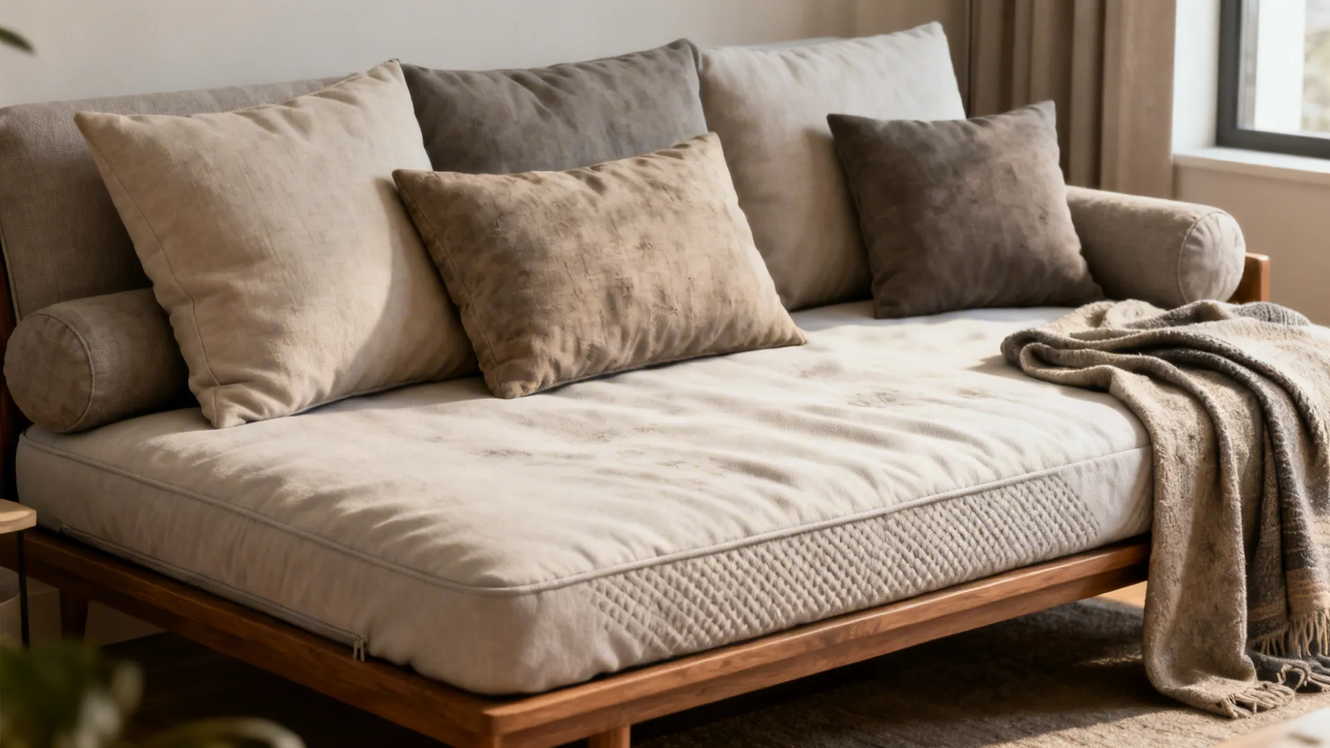 Daybed staged for everyday seating with medium-firm mattress topping and layered pillows.