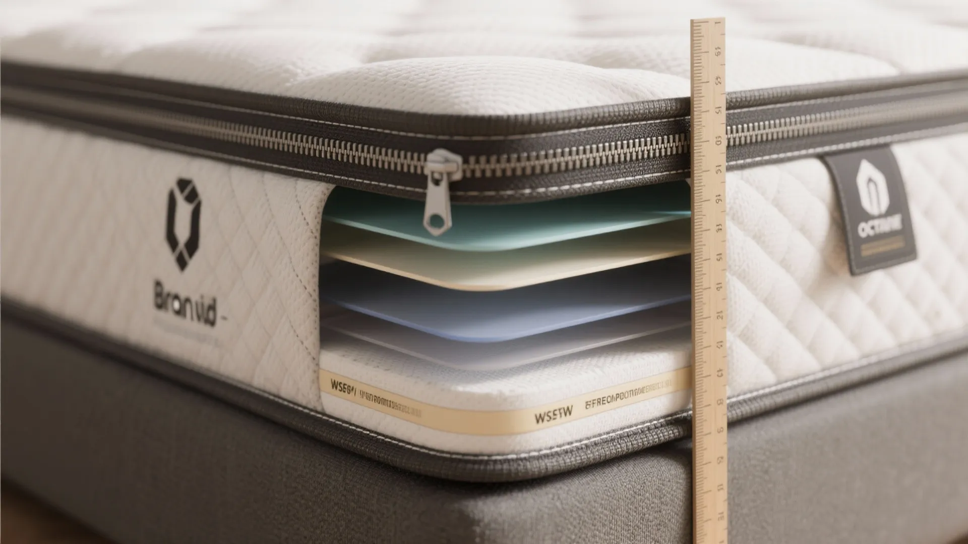 Macro of mattress cross-section and performance fabric showing thickness options and removable cover details.