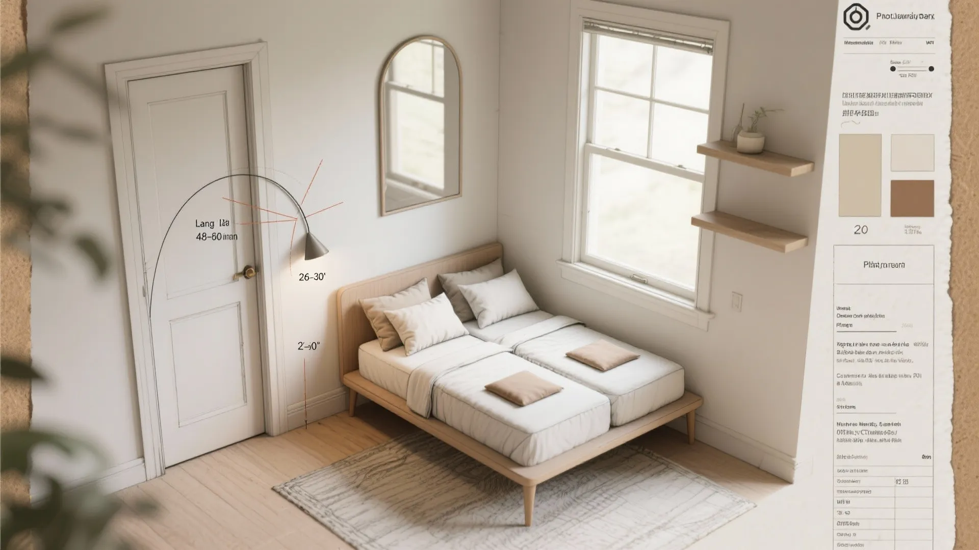 Top-down planning board with room sketch, lighting cones, pillow sizes, and daybed footprint.