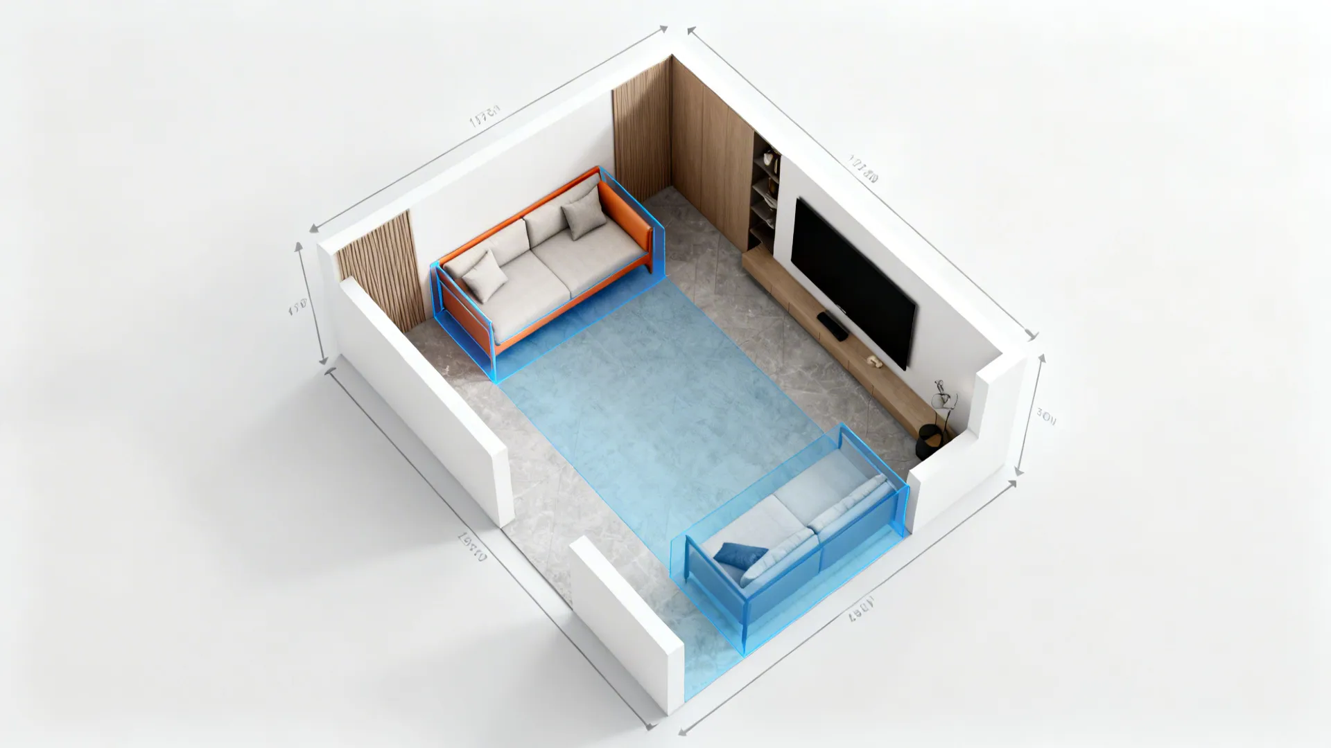 Top-down 3D planner view showing daybed placement options and measurement overlays.
