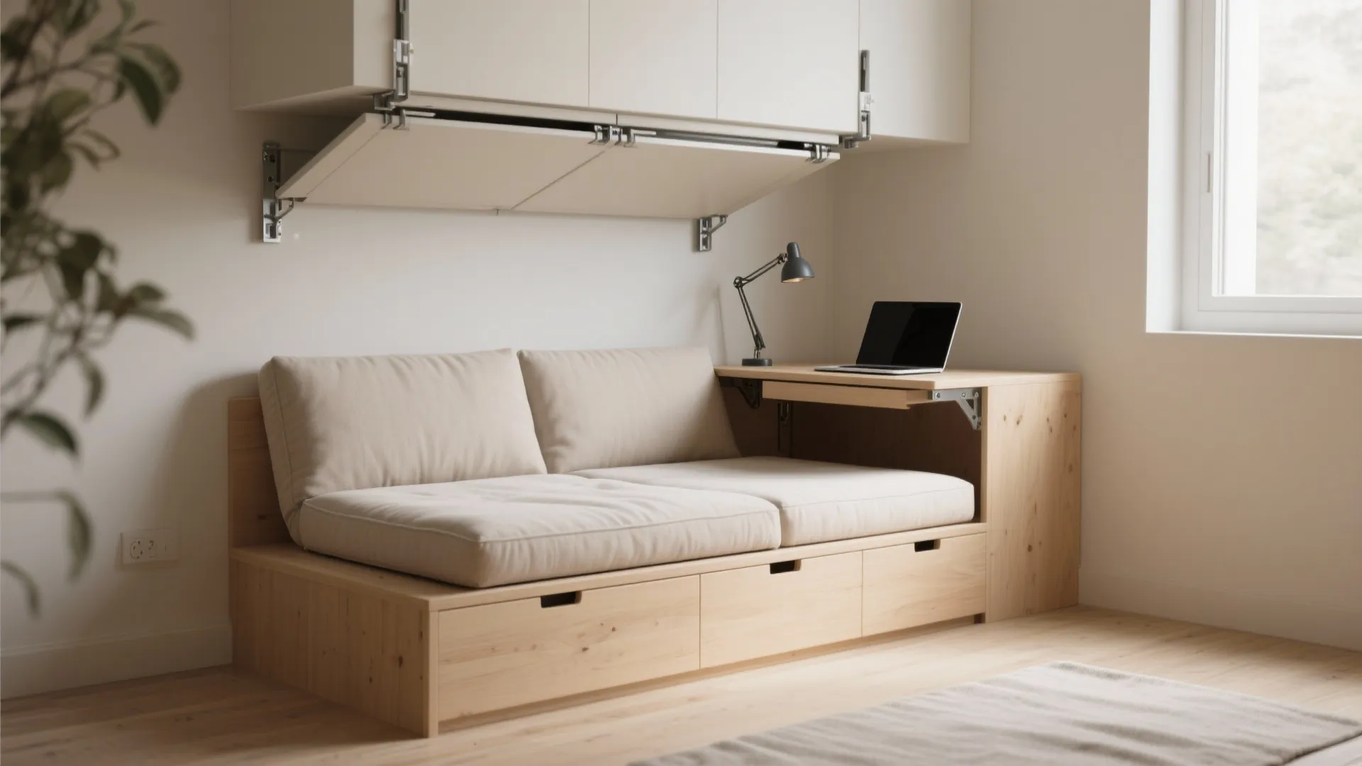 A daybed with a wall-mounted fold-down desk in a small room, showing the desk open for use and the cozy seating above.