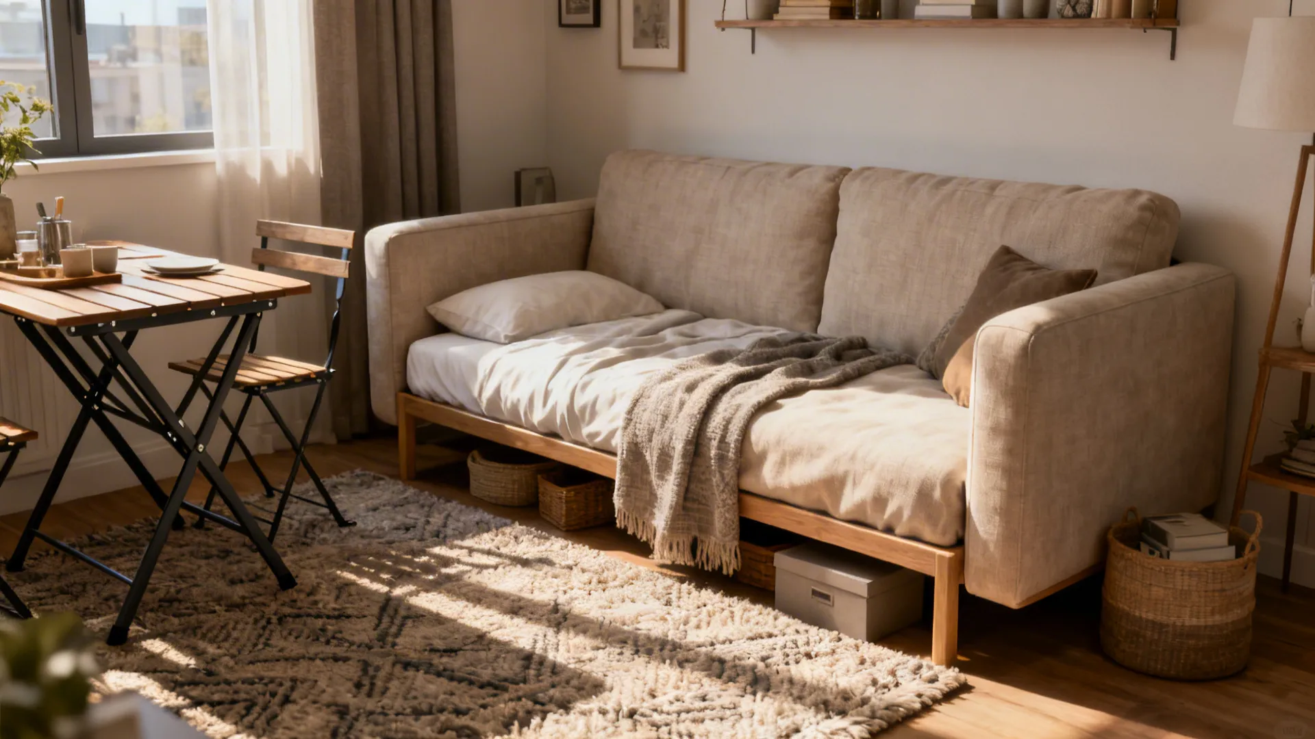 Daybed-style sofa next to a folded dining set in a compact living room