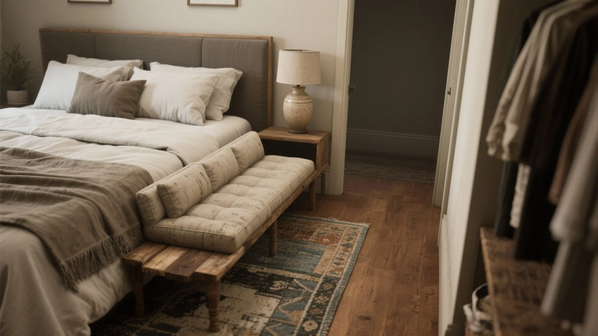 Slim daybed at the foot of a bed forming a seating nook while preserving walkway space in a small bedroom.