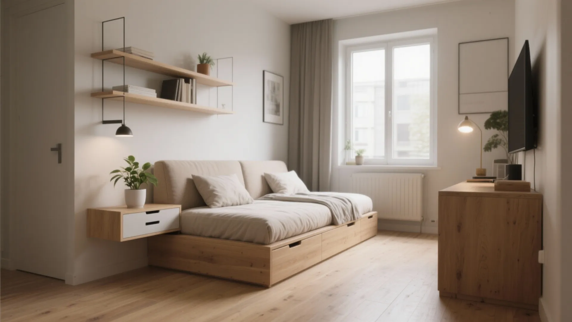 Modern small bedroom with wooden daybed including storage drawers plus wall shelves and window light