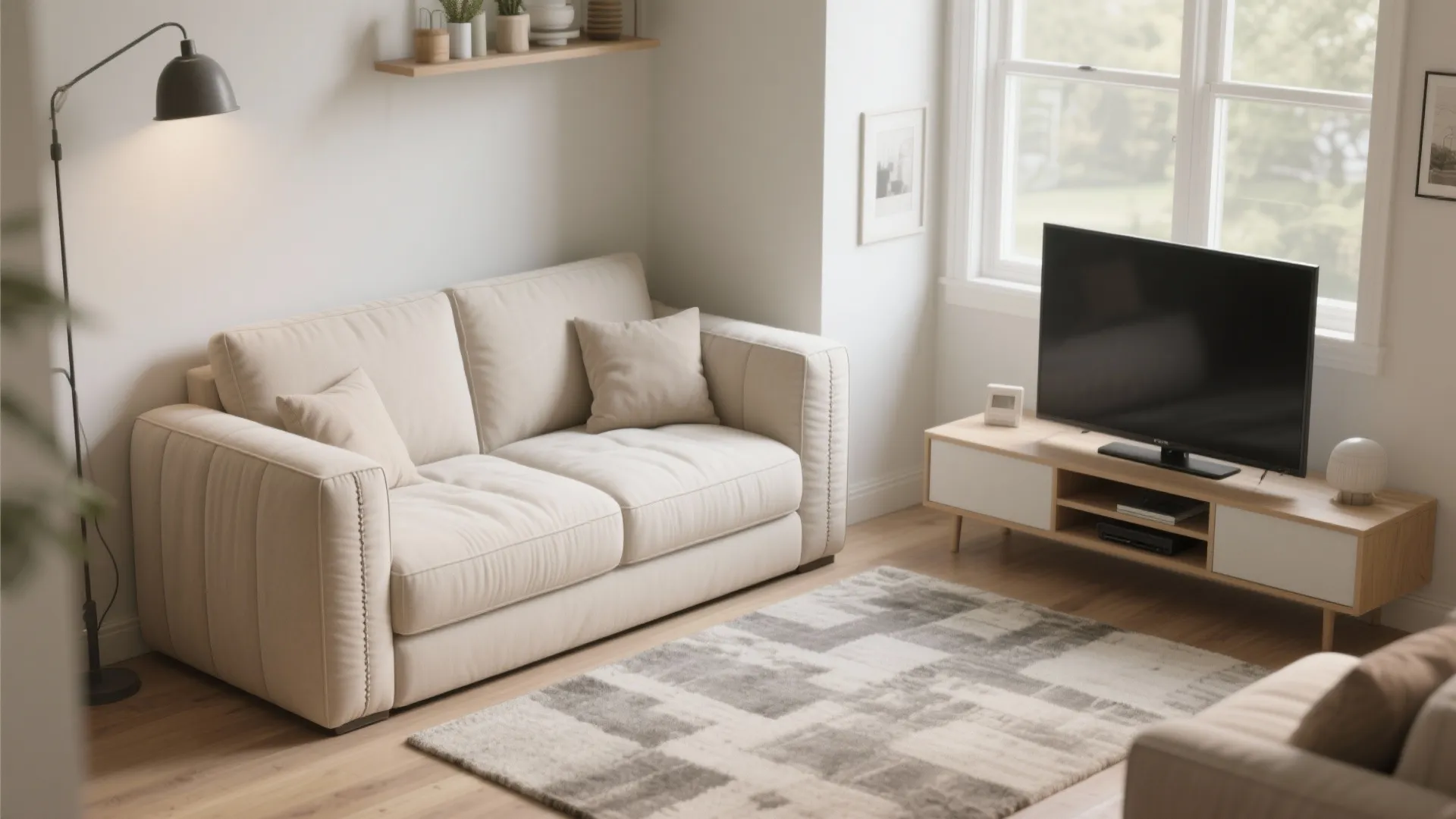 Compact family room with a high-armed daybed offering a sofa-like feel under soft daylight.