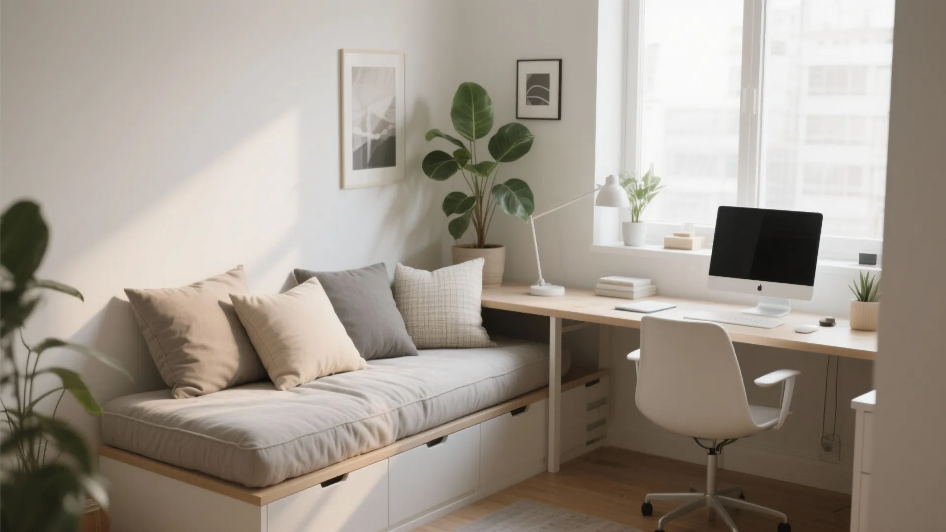 Light grey sofa with pillows placed next to a wooden desk with a white chair