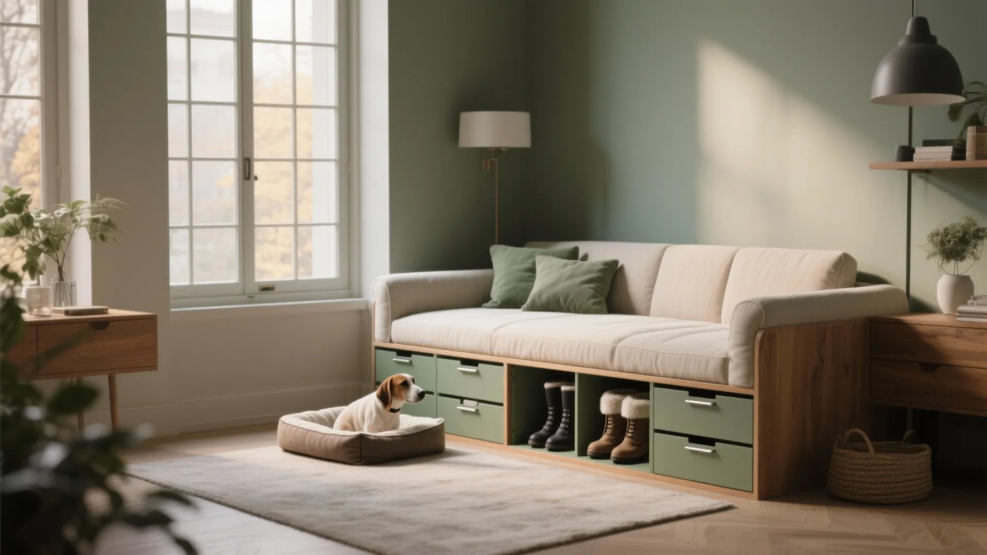 Daybed with green storage drawers for shoes next to a small dog in a bedroom