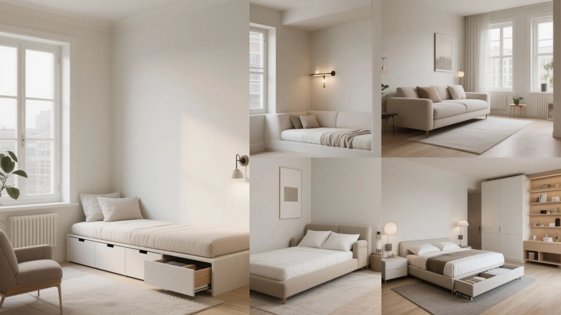 Integrated compact apartment showing multiple daybed approaches in a cohesive light palette.