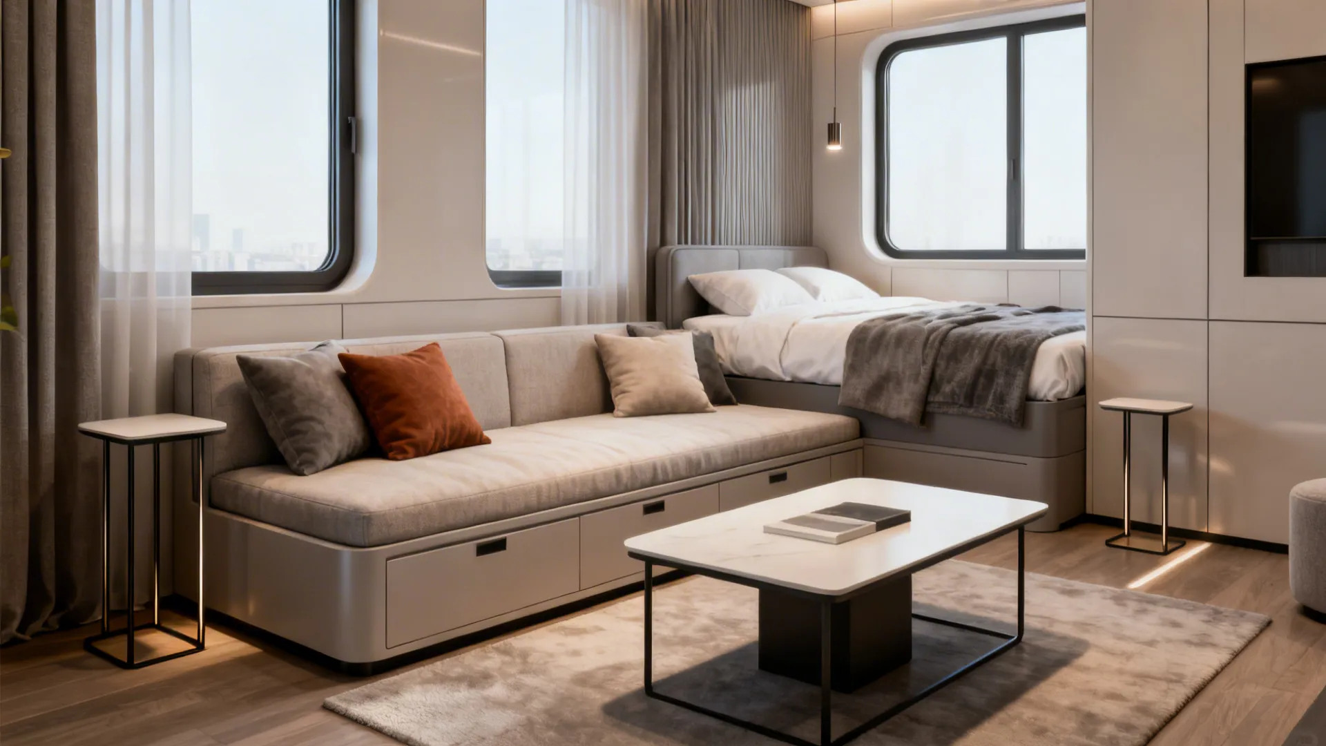 Micro-apartment with a centered daybed that serves as both seating and sleeping, showing flexible layout.