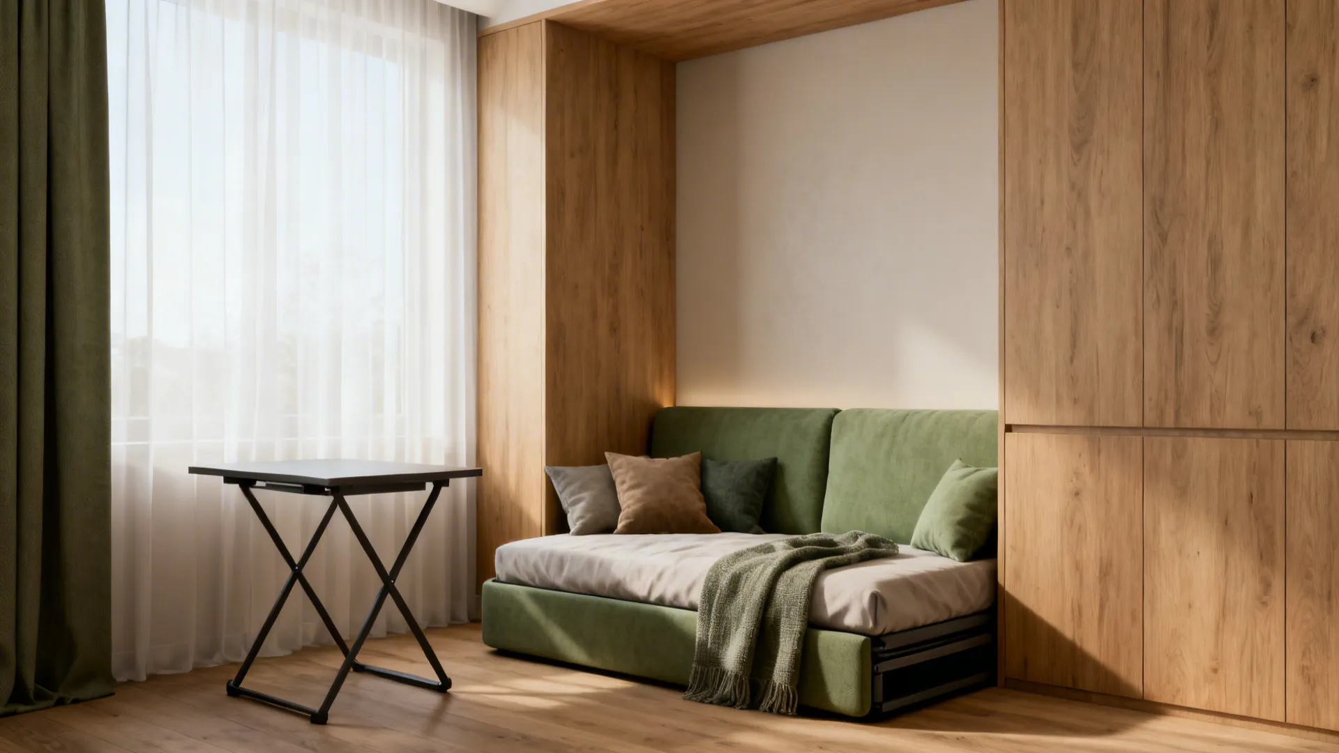 Small bedroom with a convertible daybed used as seating and a workspace below soft daylight.