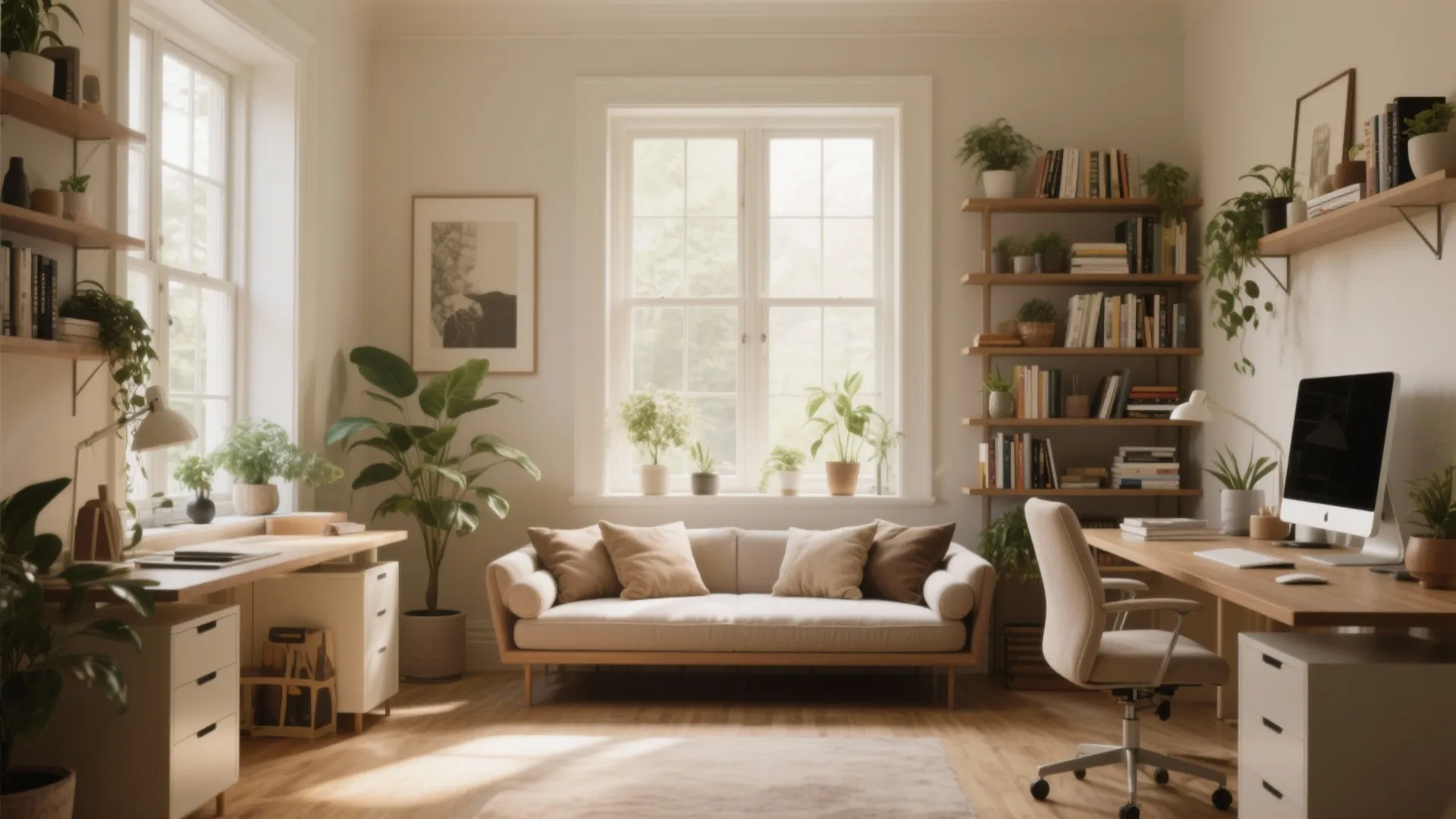 Bright interior design drawing showing cozy home office with sofa wooden desks and many plants
