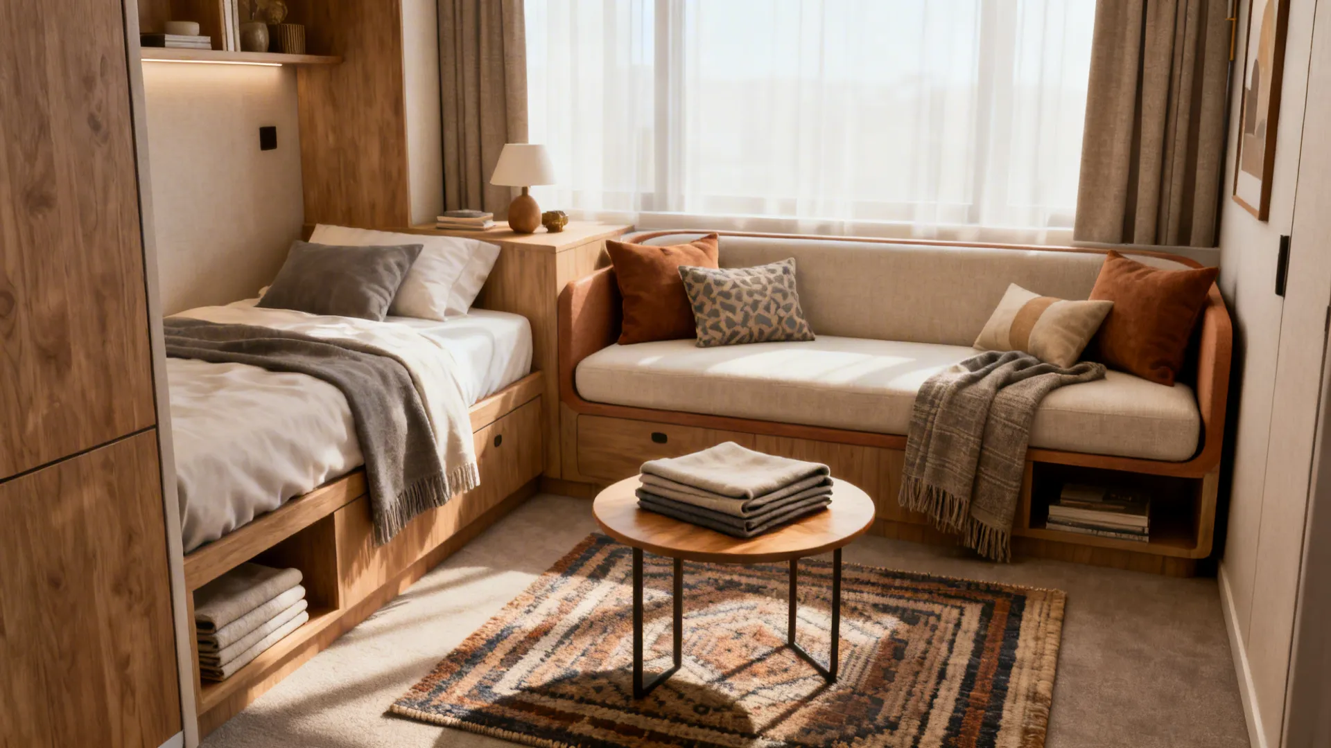 Studio bedroom with a fixed single bed opposite a stylish daybed, creating daytime lounge function