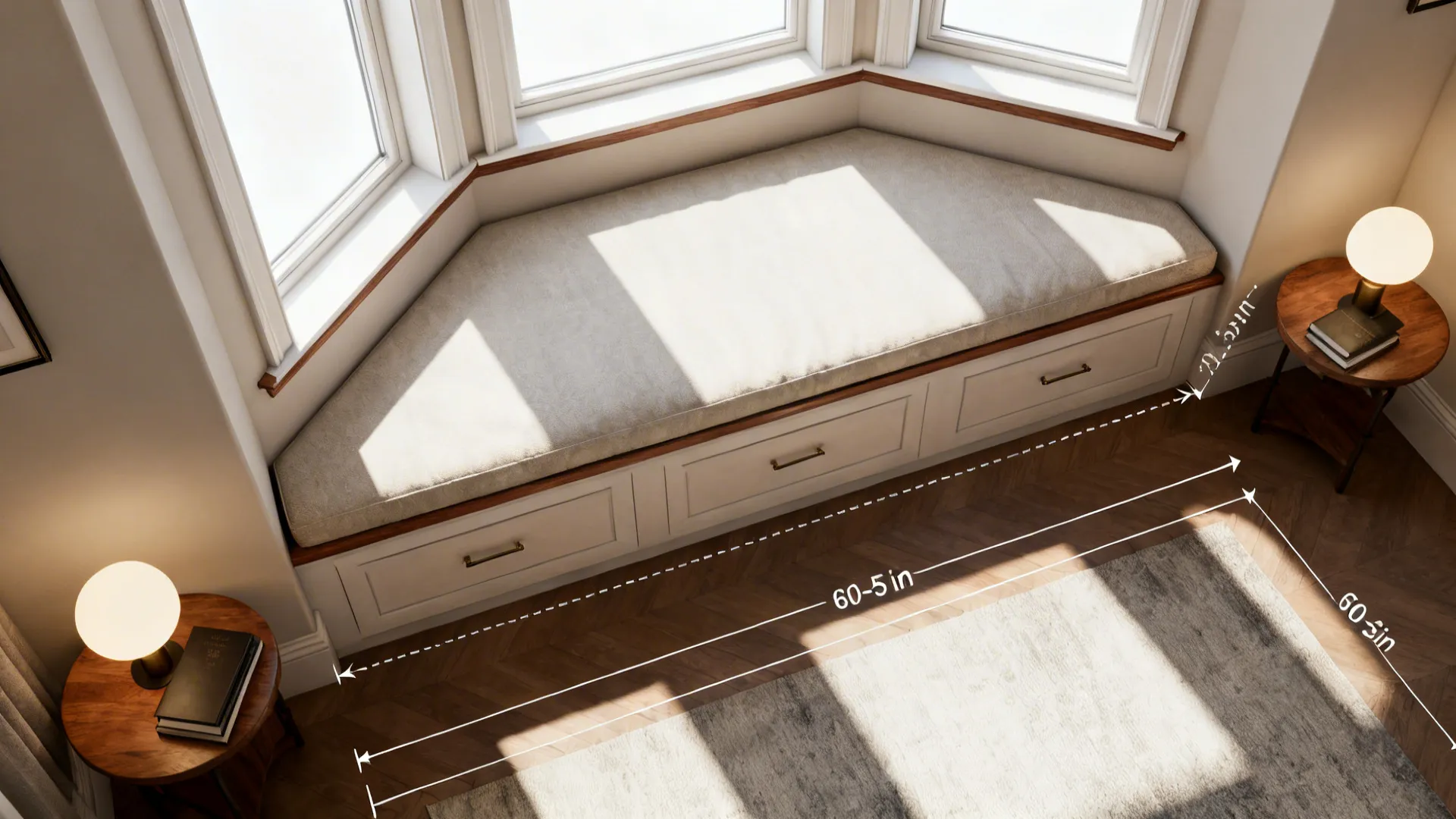 Top-down plan of a built-in daybed with drawer clearances and preserved walkway.