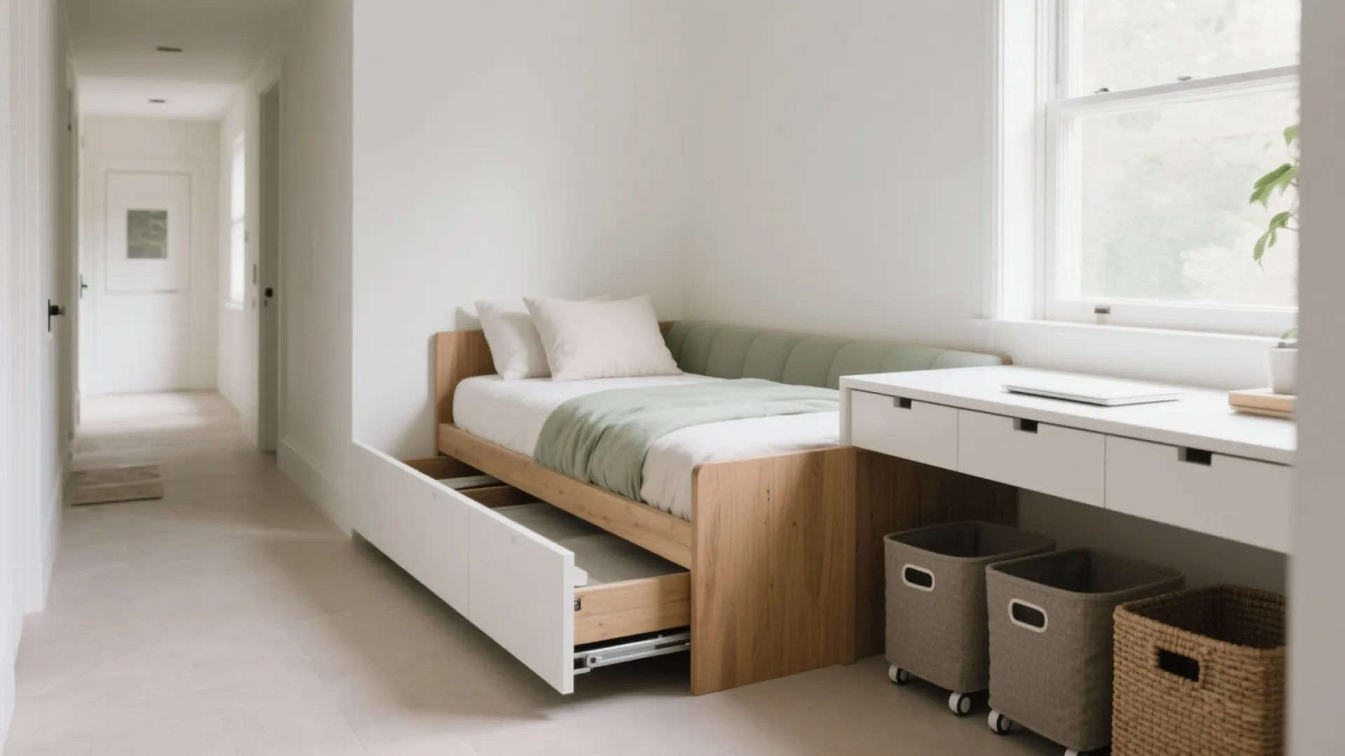 Idea 5: Daybed + Pullout, Fold-Down Desk, and Rolling Bins