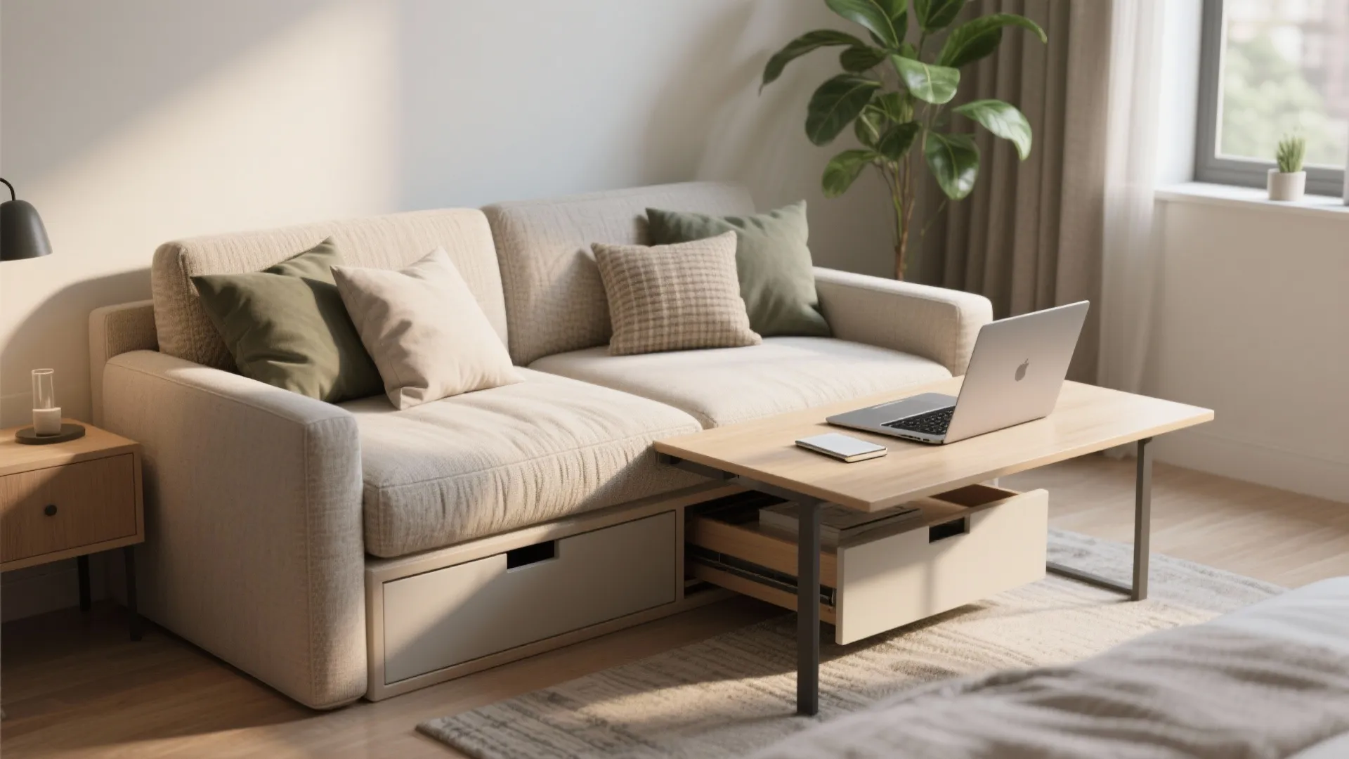 2. Daybed sofa with a pull-out workspace