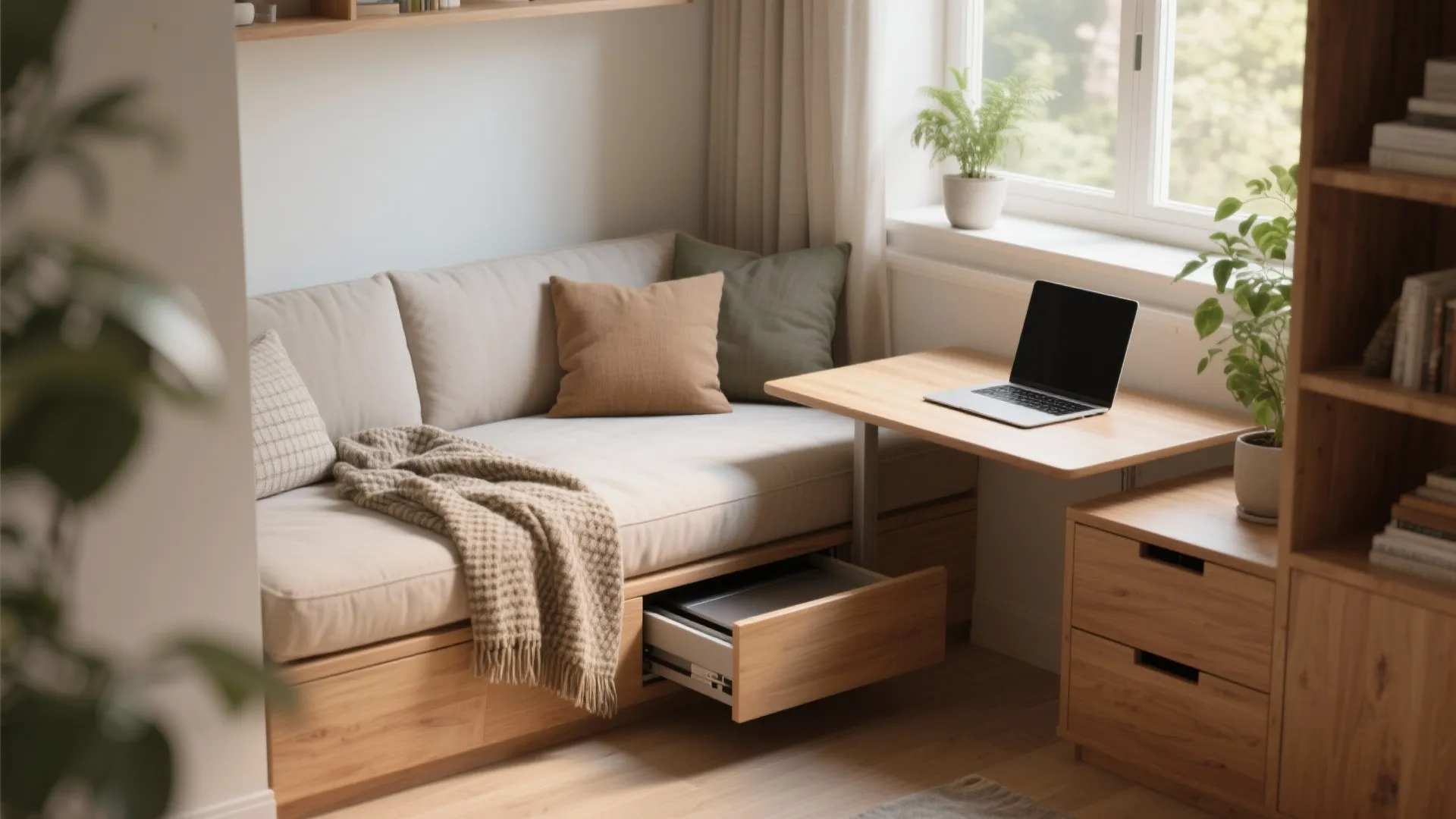 2. Built-in daybed with pull-out work surface