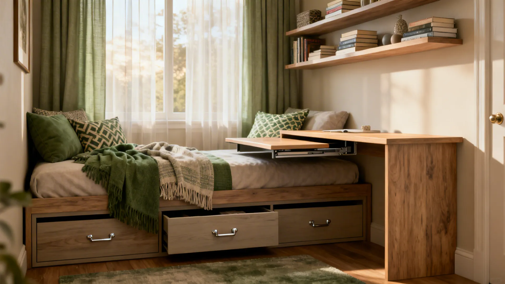 Cozy daybed with a pull-out desk and storage drawers beneath, layered textiles and shelving above.