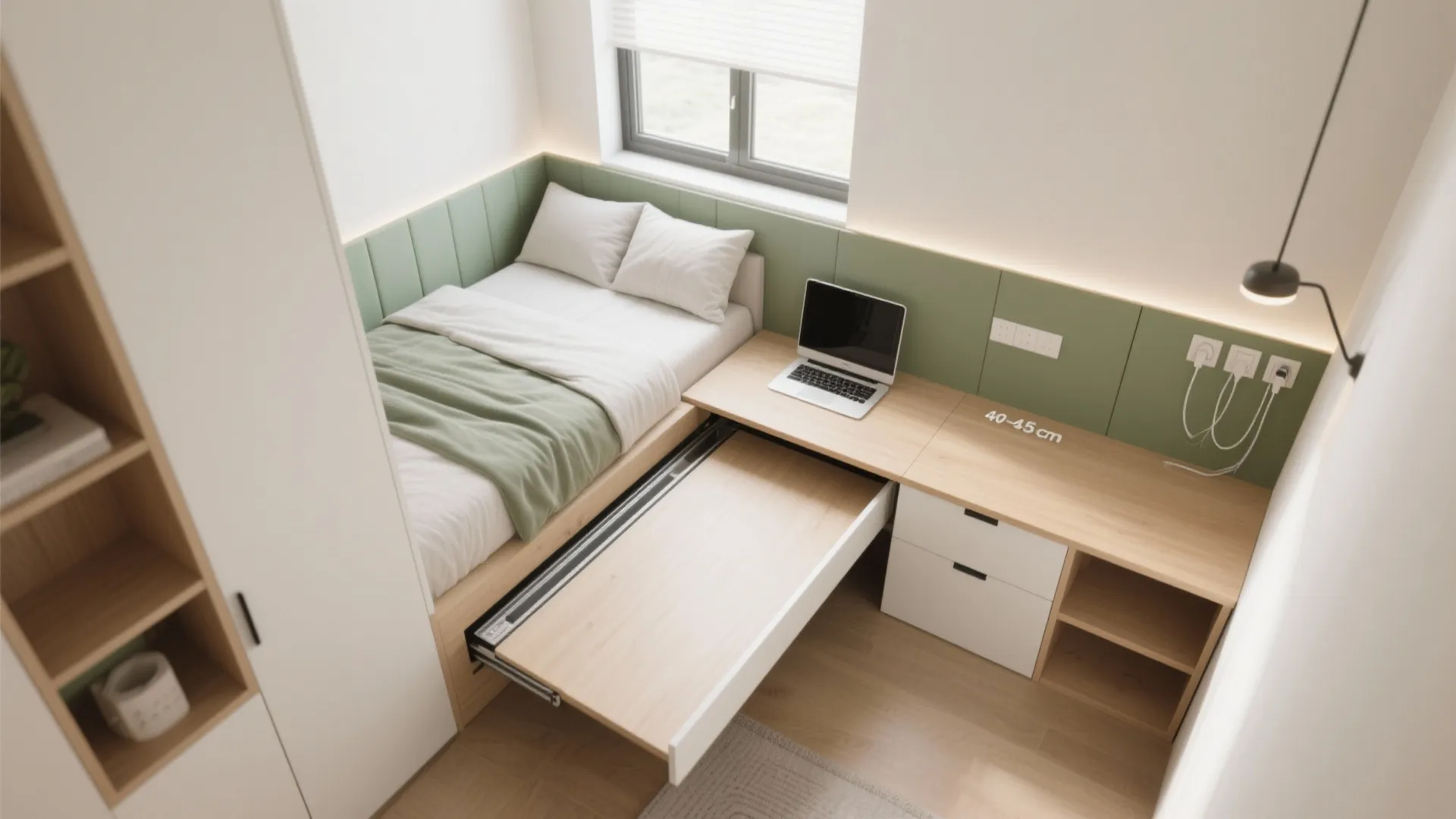 Top-down layout showing a daybed and a pull-out desk with cable channel management.