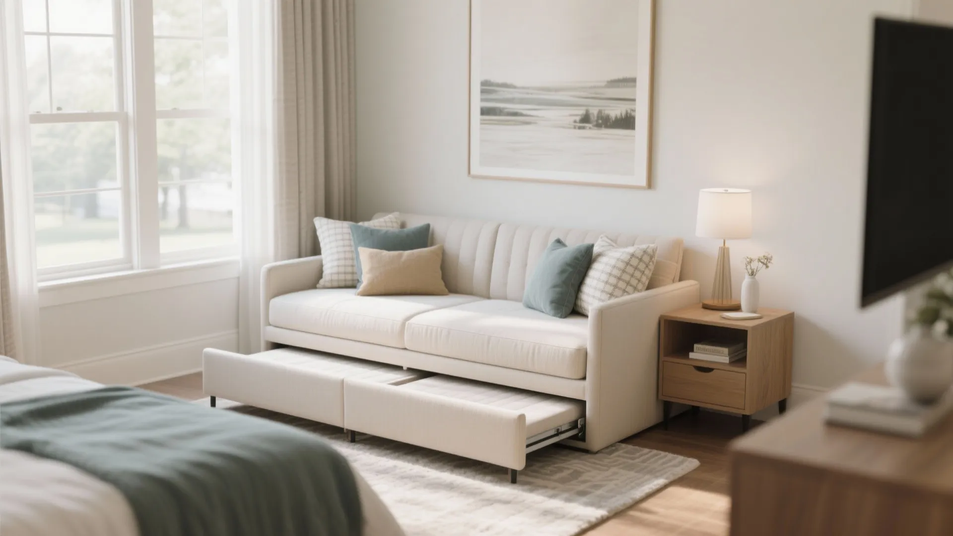 Daybed with pull-out trundle in modern guest room