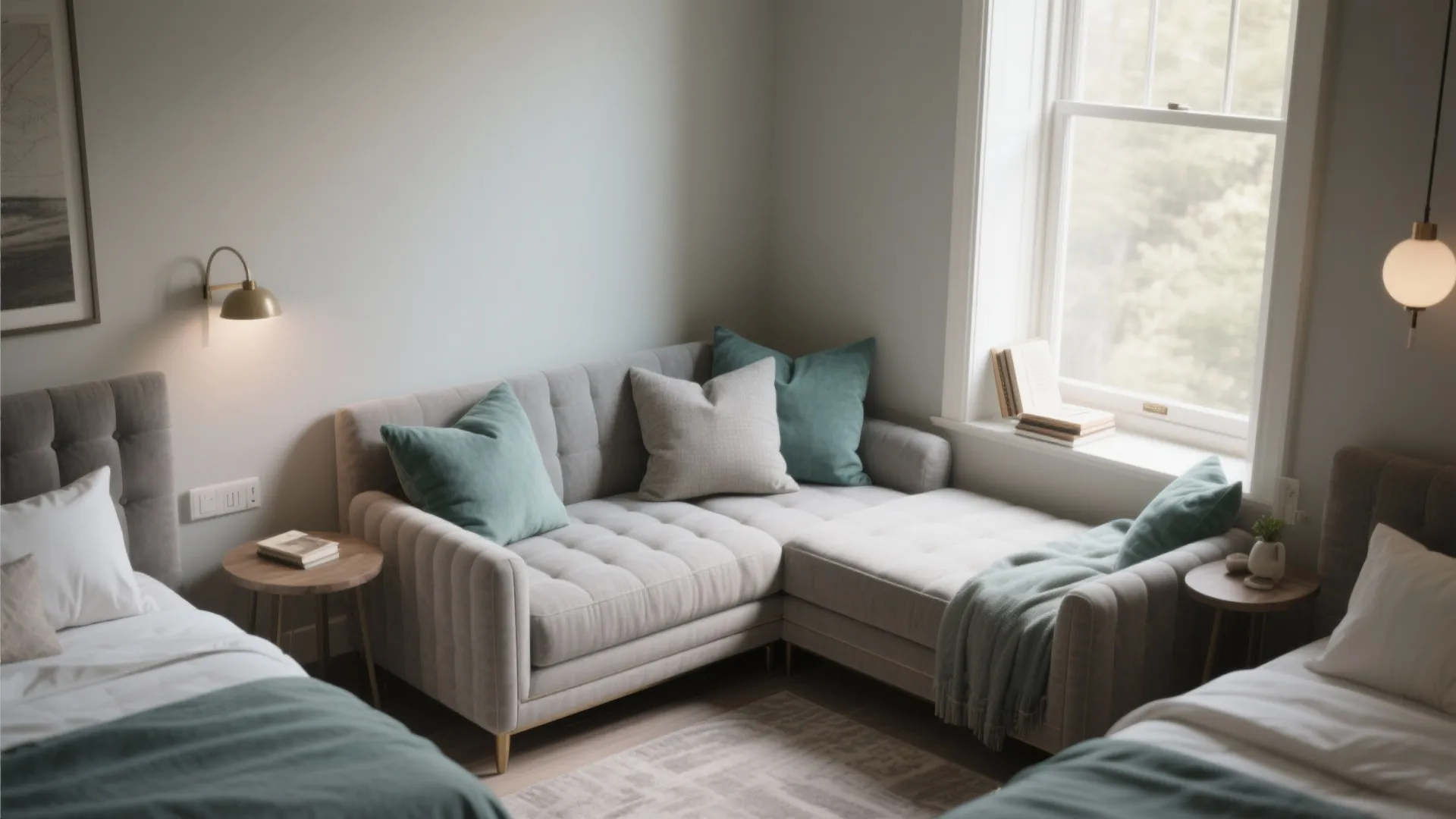 Cosy reading nook with grey sofa teal pillows small side table wall light and window view