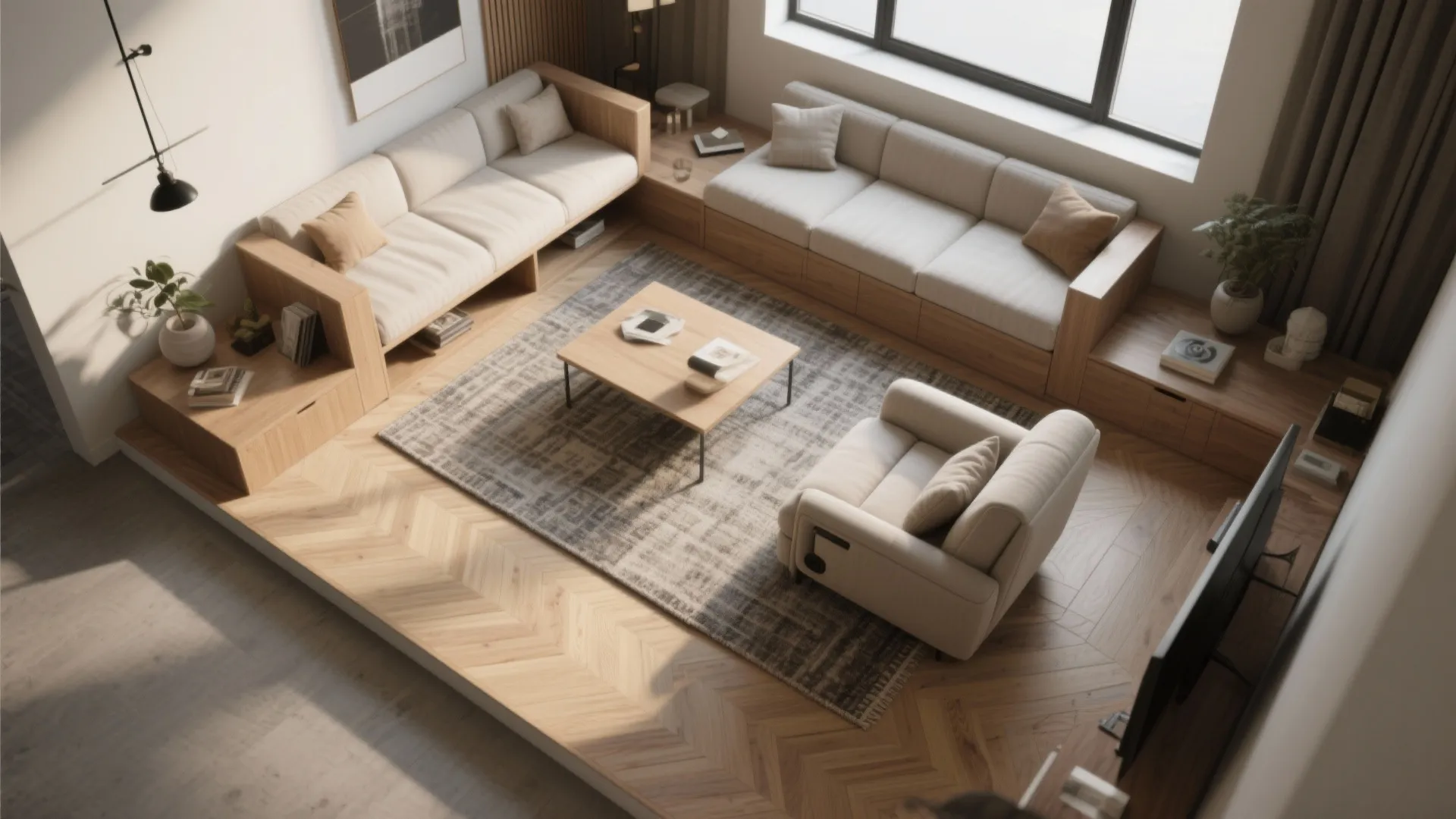 Top view of spacious living room with large sofa wooden coffee table rug and ceiling light