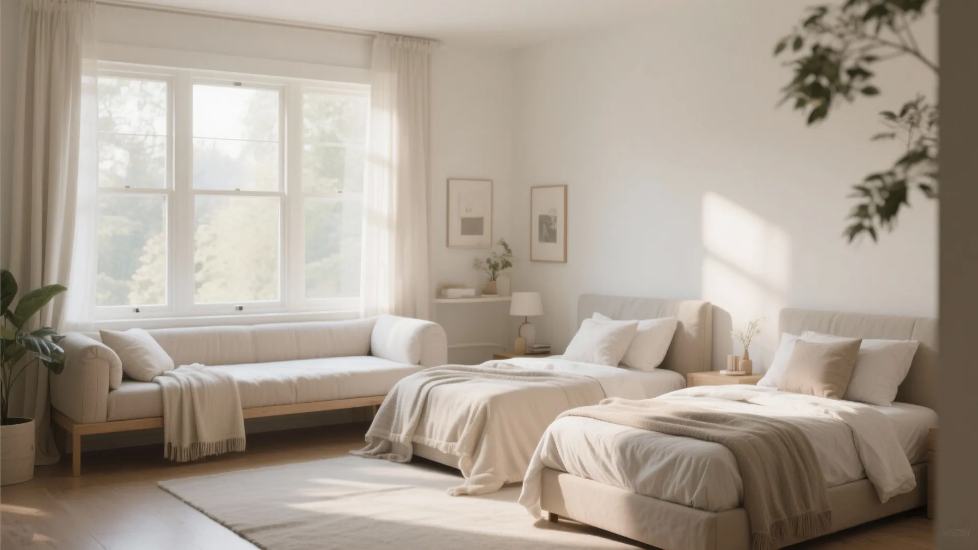 Bright bedroom interior design featuring two single beds and a large white sofa by window