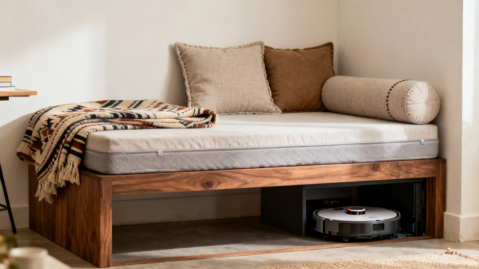 Backless daybed with kilim throw and modular bolsters in a small studio living room.