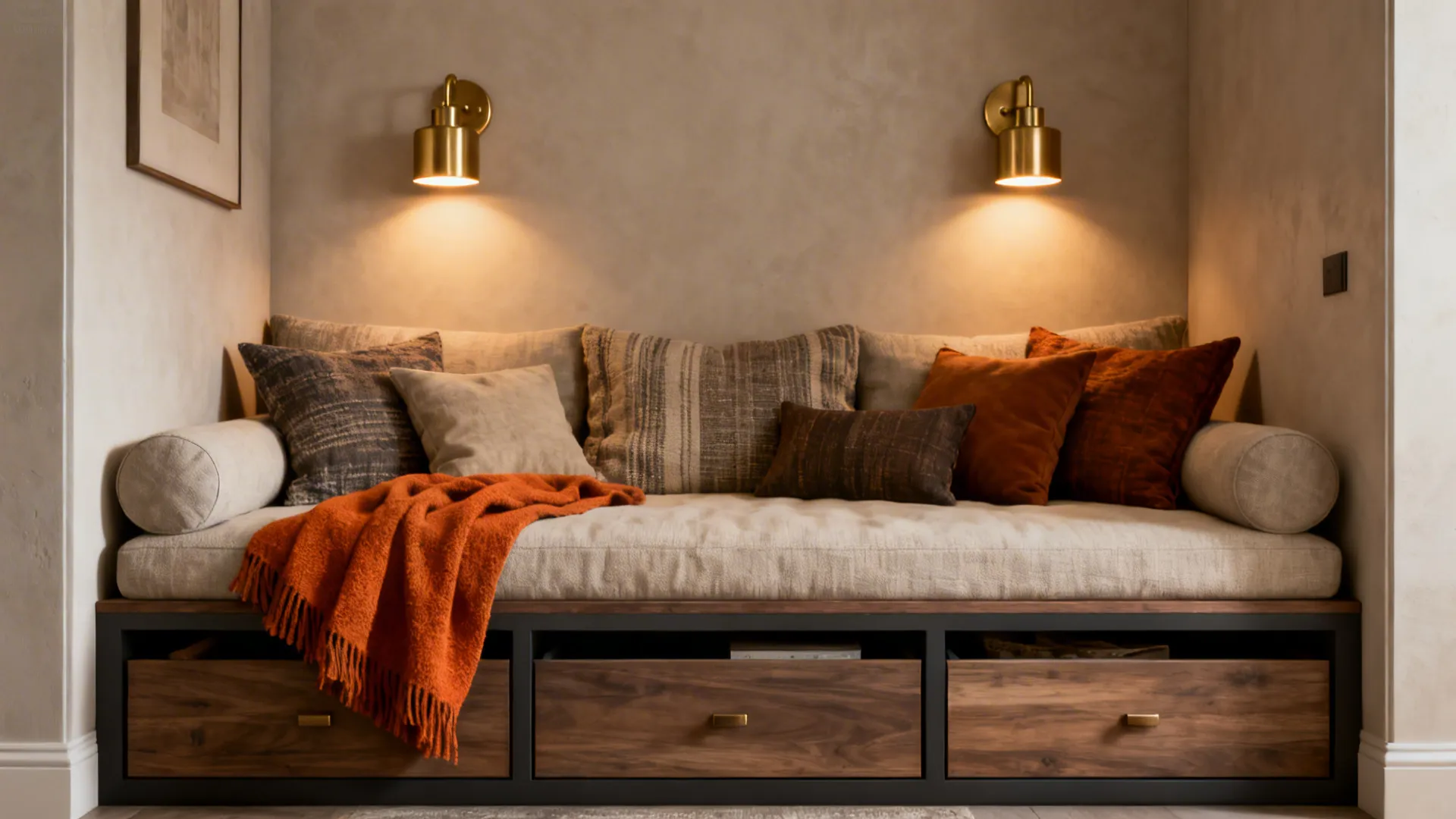 Daybed functioning as a sofa with wall-mounted sconces in a compact studio living space.