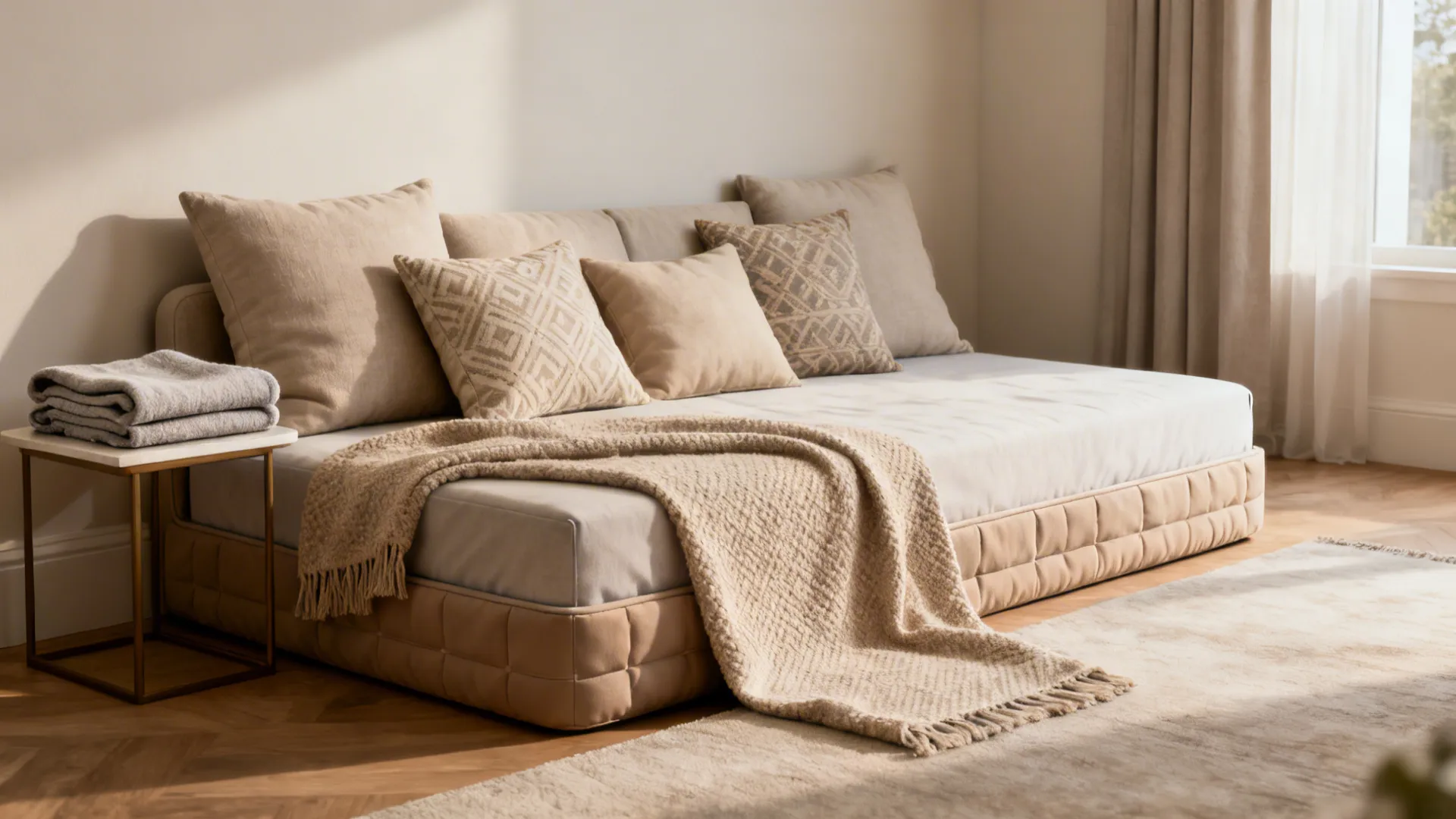 Daybed in a master bedroom styled as seating with neutral linens and pillows.