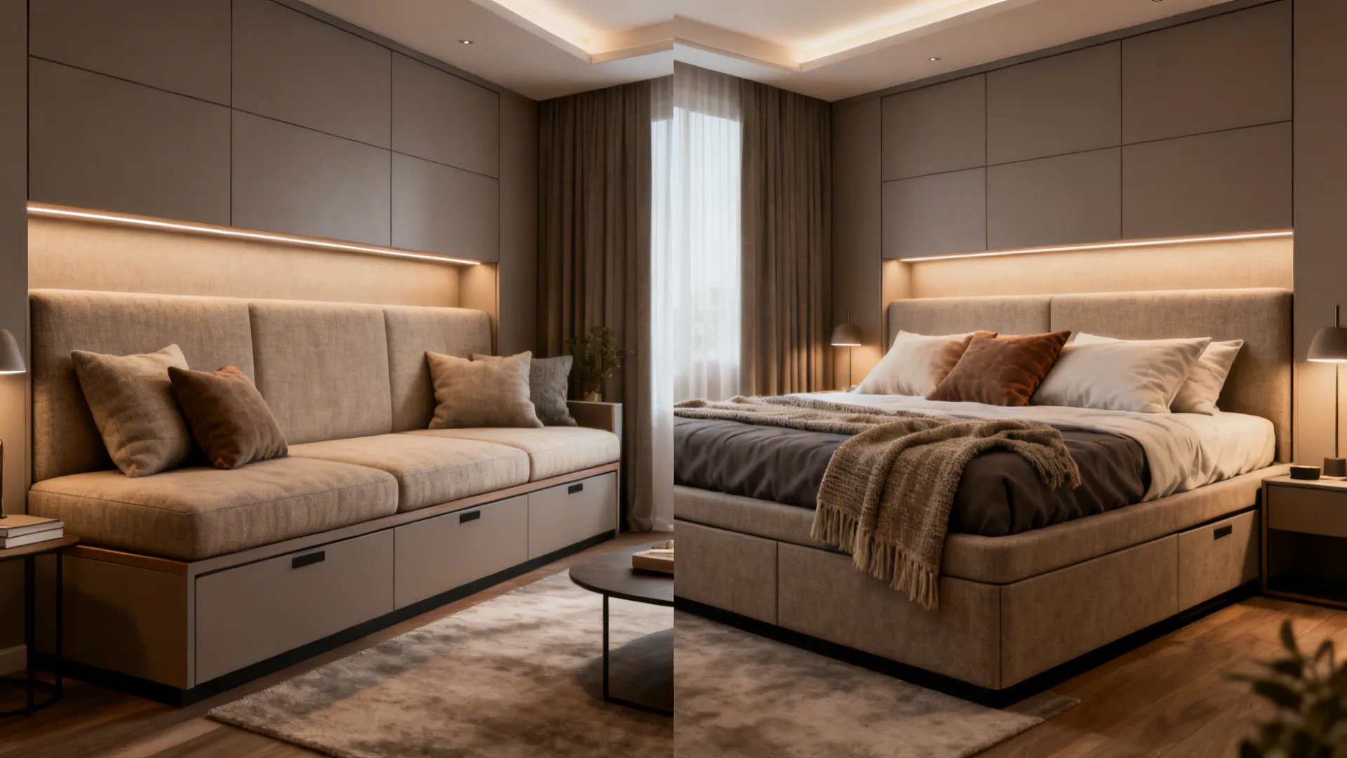 Before and after: bench-style sectional as seating and converted into a daybed with topper and pillows.