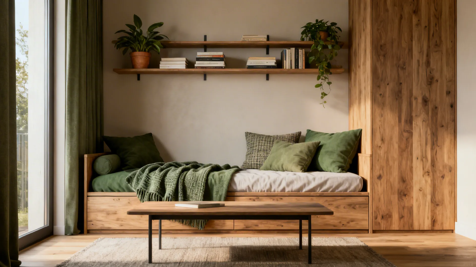 Daybed with wall-mounted shelves above displaying plants and books in a small living room.
